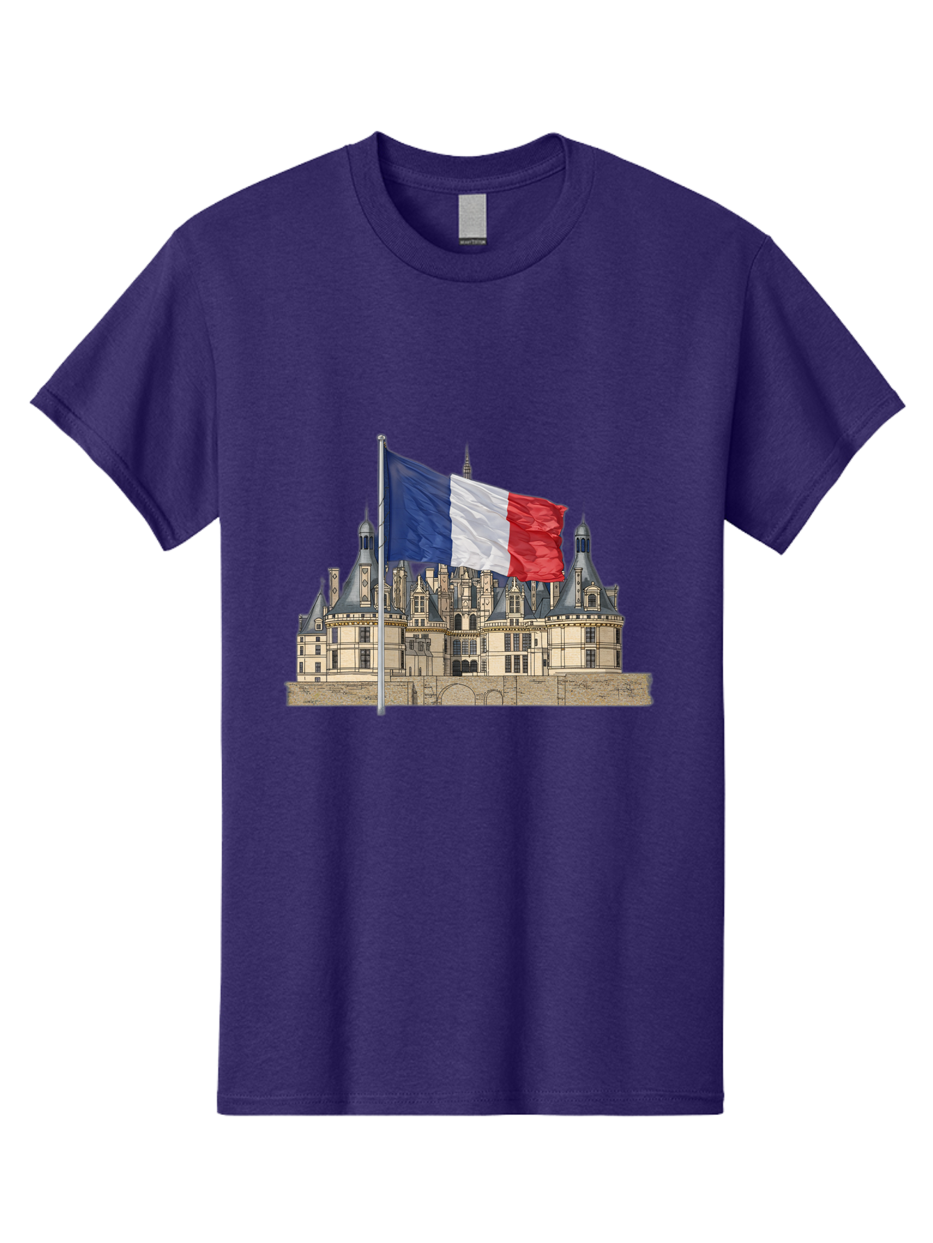 Chateau-De-Chambord Men'S Graphic Tee, 100% Cotton, Comfortable Casual Summer Wear, Machine Washable, French Flag Waving, Historic Chateau, European Architecture, French Heritage, National Pride, Cultural Significance, France Tourism Bac802