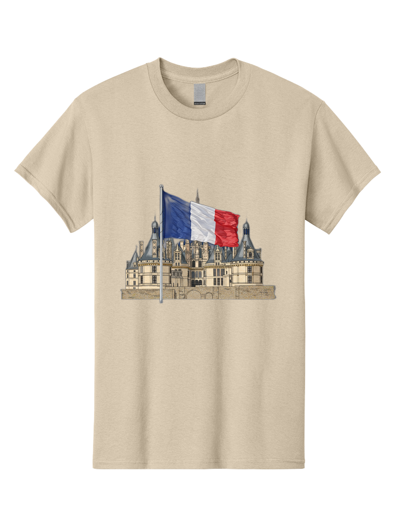 Chateau-De-Chambord Men'S Graphic Tee, 100% Cotton, Comfortable Casual Summer Wear, Machine Washable, French Flag Waving, Historic Chateau, European Architecture, French Heritage, National Pride, Cultural Significance, France Tourism Bac802