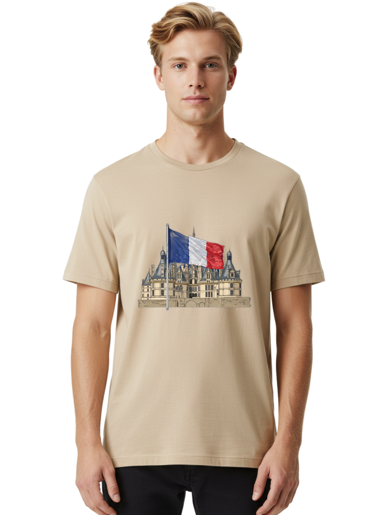 Chateau-De-Chambord Men'S Graphic Tee, 100% Cotton, Comfortable Casual Summer Wear, Machine Washable, French Flag Waving, Historic Chateau, European Architecture, French Heritage, National Pride, Cultural Significance, France Tourism Bac802