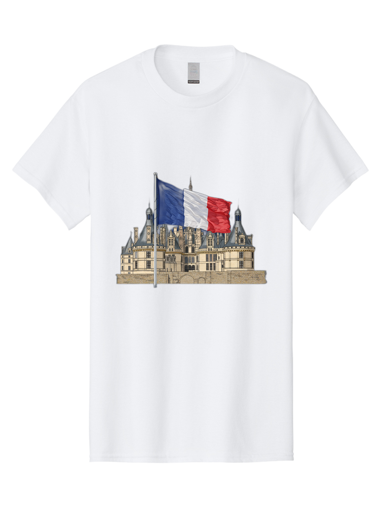 Chateau-De-Chambord Men'S Graphic Tee, 100% Cotton, Comfortable Casual Summer Wear, Machine Washable, French Flag Waving, Historic Chateau, European Architecture, French Heritage, National Pride, Cultural Significance, France Tourism Bac802