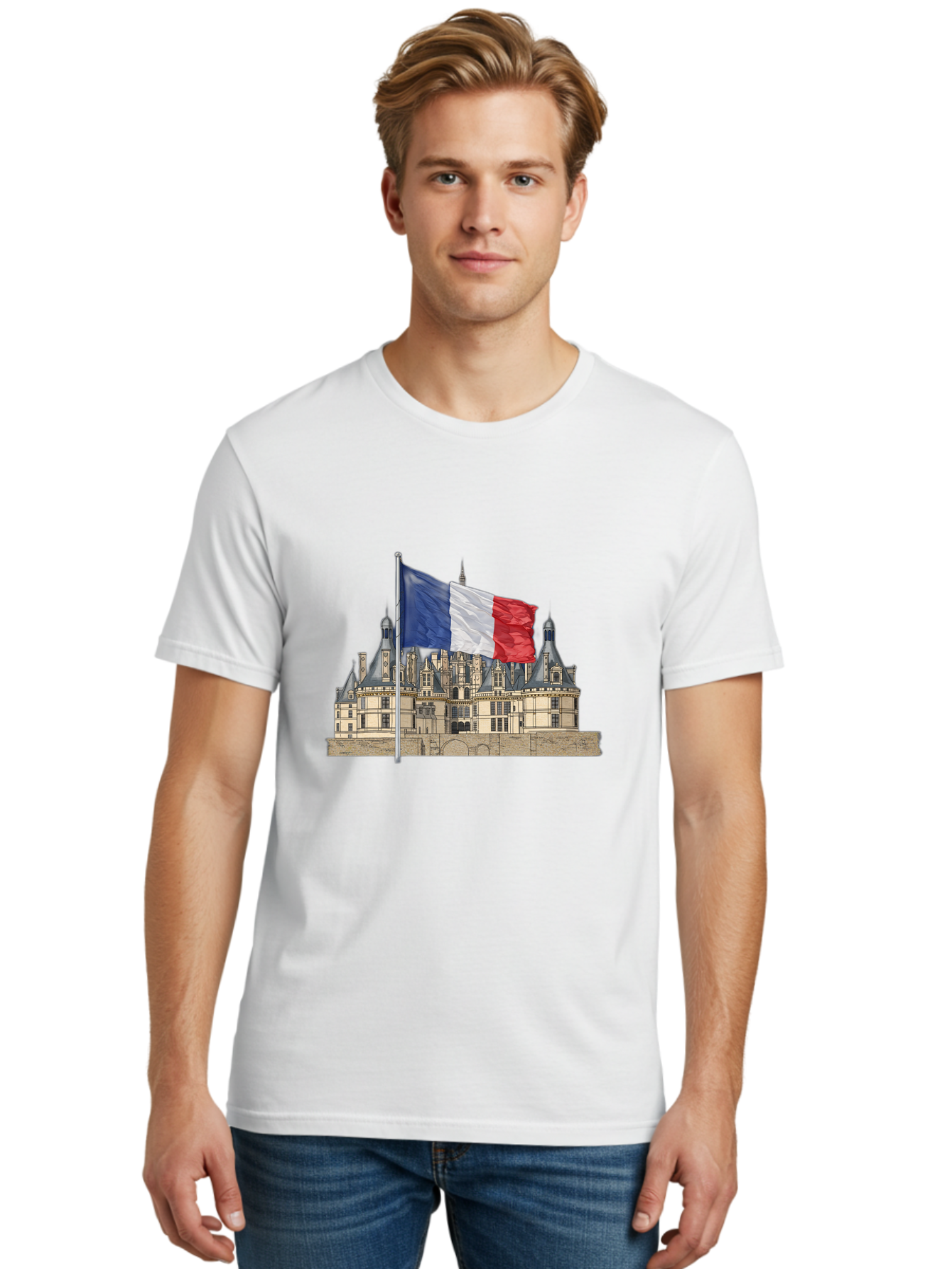 Chateau-De-Chambord Men'S Graphic Tee, 100% Cotton, Comfortable Casual Summer Wear, Machine Washable, French Flag Waving, Historic Chateau, European Architecture, French Heritage, National Pride, Cultural Significance, France Tourism Bac802