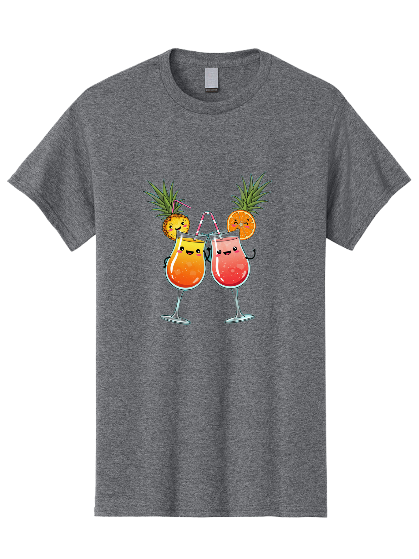 Cheers-Drinks Men'S Graphic Tee, 100% Cotton, Comfortable Casual Summer Wear, Machine Washable, Cartoon Cocktails, Fruity Drinks, Orange And Pink Colors, Pineapple Garnish, Smiling Glasses, Cheerful Toast, Fun Illustration, Tropical Vibe, Bac803