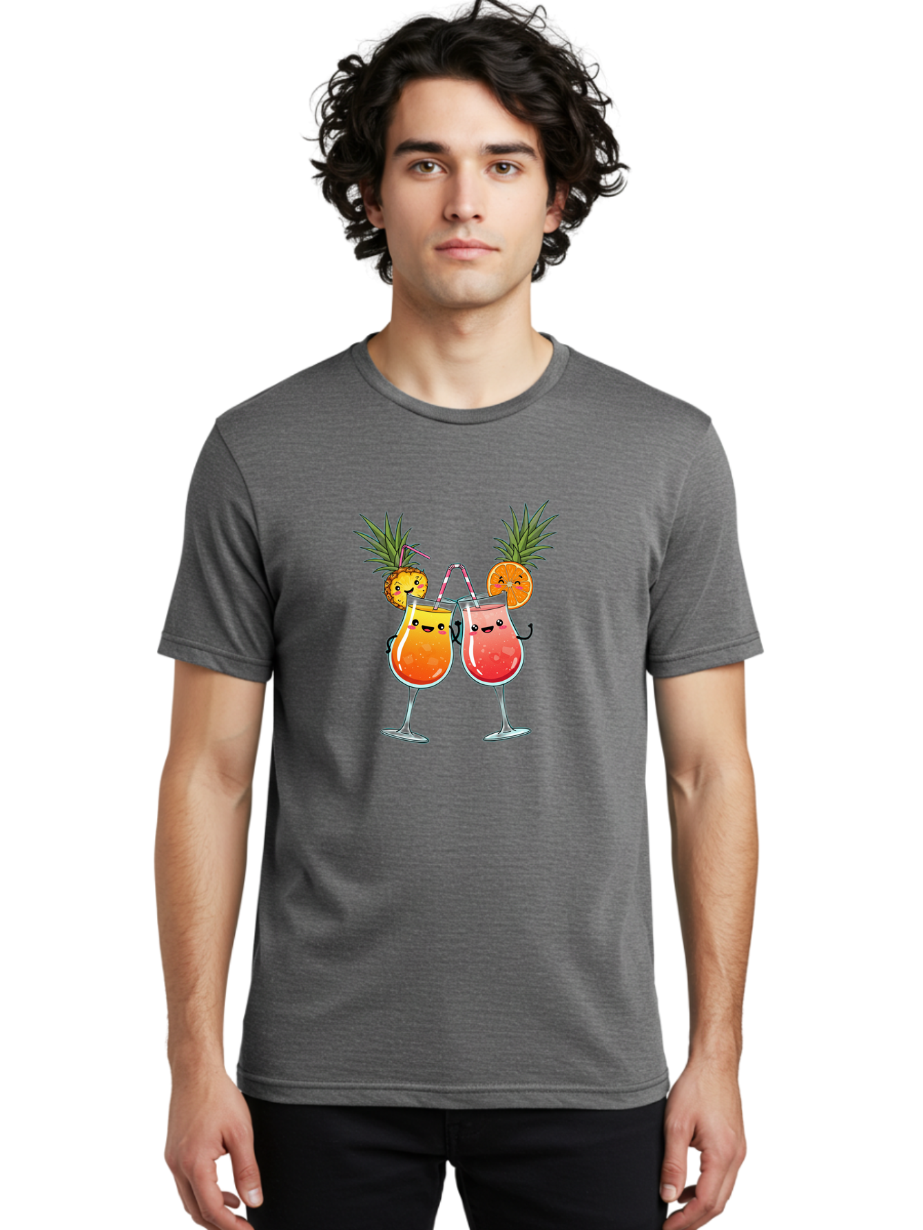 Cheers-Drinks Men'S Graphic Tee, 100% Cotton, Comfortable Casual Summer Wear, Machine Washable, Cartoon Cocktails, Fruity Drinks, Orange And Pink Colors, Pineapple Garnish, Smiling Glasses, Cheerful Toast, Fun Illustration, Tropical Vibe, Bac803