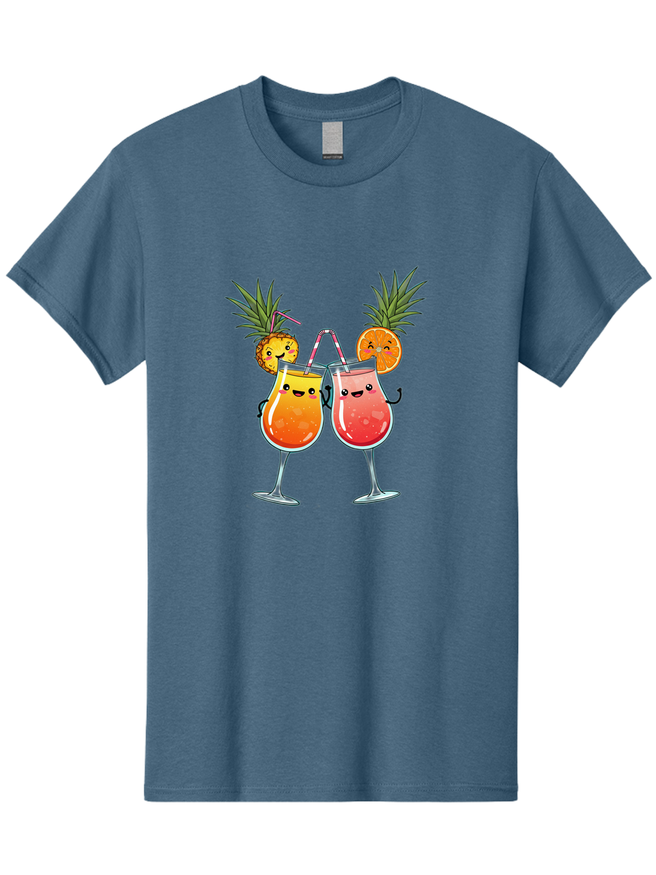 Cheers-Drinks Men'S Graphic Tee, 100% Cotton, Comfortable Casual Summer Wear, Machine Washable, Cartoon Cocktails, Fruity Drinks, Orange And Pink Colors, Pineapple Garnish, Smiling Glasses, Cheerful Toast, Fun Illustration, Tropical Vibe, Bac803