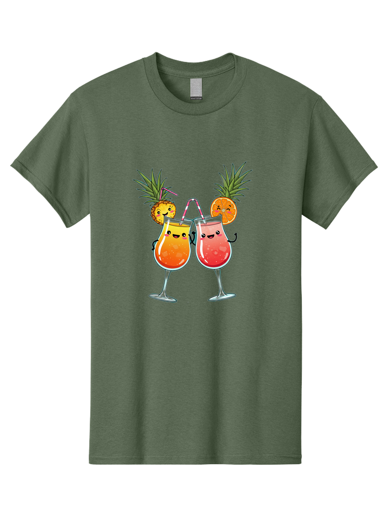 Cheers-Drinks Men'S Graphic Tee, 100% Cotton, Comfortable Casual Summer Wear, Machine Washable, Cartoon Cocktails, Fruity Drinks, Orange And Pink Colors, Pineapple Garnish, Smiling Glasses, Cheerful Toast, Fun Illustration, Tropical Vibe, Bac803