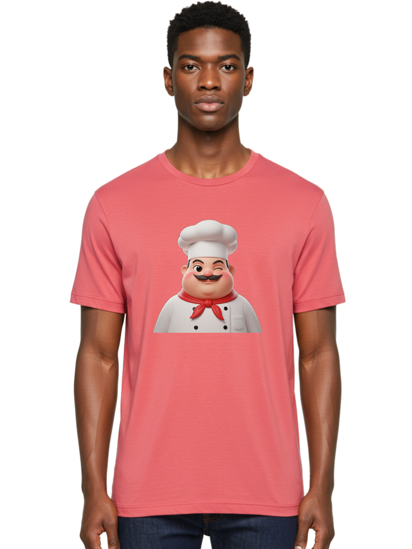 Chef-1 Men'S Graphic Tee, 100% Cotton, Comfortable Casual Summer Wear, Machine Washable, Cartoon Chef, White Hat, Red Neckerchief, Black Moustache, Smiling Face, Chef'S Uniform, Culinary Arts, Kitchen Staff, Friendly Demeanor Bac804