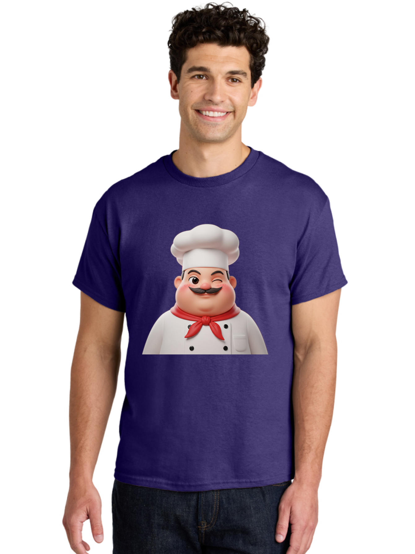 Chef-1 Men'S Graphic Tee, 100% Cotton, Comfortable Casual Summer Wear, Machine Washable, Cartoon Chef, White Hat, Red Neckerchief, Black Moustache, Smiling Face, Chef'S Uniform, Culinary Arts, Kitchen Staff, Friendly Demeanor Bac804