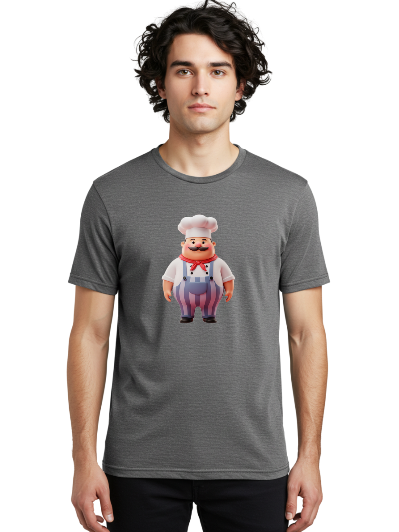 Chef-2 Men'S Graphic Tee, 100% Cotton, Comfortable Casual Summer Wear, Machine Washable, Cartoon Chef, 3D Character, Chef'S Hat, Red Bandana, Striped Overalls, Mustache, Cooking Personality, Culinary Art, Foodie Character, Cartoon Mascot, Bac805