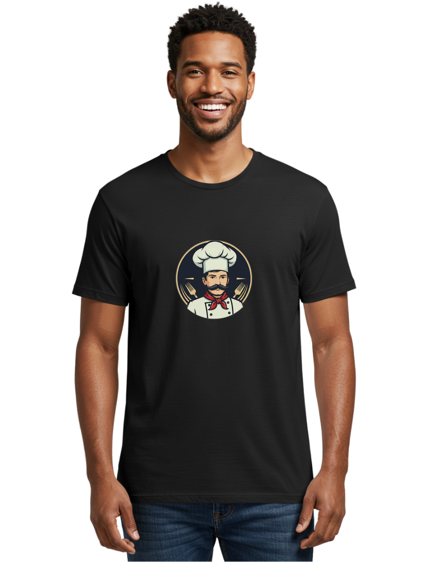 Chef-5 Men'S Graphic Tee, 100% Cotton, Comfortable Casual Summer Wear, Machine Washable, Cartoon Chef, Cooking Expert, Culinary Master, Red Neckerchief, White Hat, Black Mustache, Restaurant Icon, Chef'S Coat, Fine Dining, Utensils, Fork, Bac808