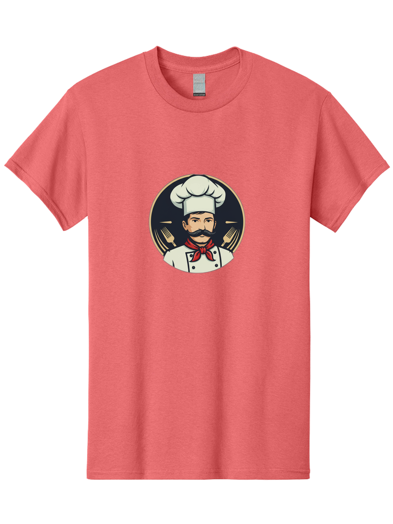 Chef-5 Men'S Graphic Tee, 100% Cotton, Comfortable Casual Summer Wear, Machine Washable, Cartoon Chef, Cooking Expert, Culinary Master, Red Neckerchief, White Hat, Black Mustache, Restaurant Icon, Chef'S Coat, Fine Dining, Utensils, Fork, Bac808