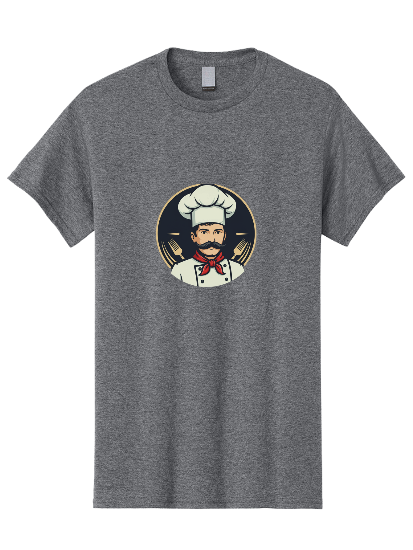 Chef-5 Men'S Graphic Tee, 100% Cotton, Comfortable Casual Summer Wear, Machine Washable, Cartoon Chef, Cooking Expert, Culinary Master, Red Neckerchief, White Hat, Black Mustache, Restaurant Icon, Chef'S Coat, Fine Dining, Utensils, Fork, Bac808