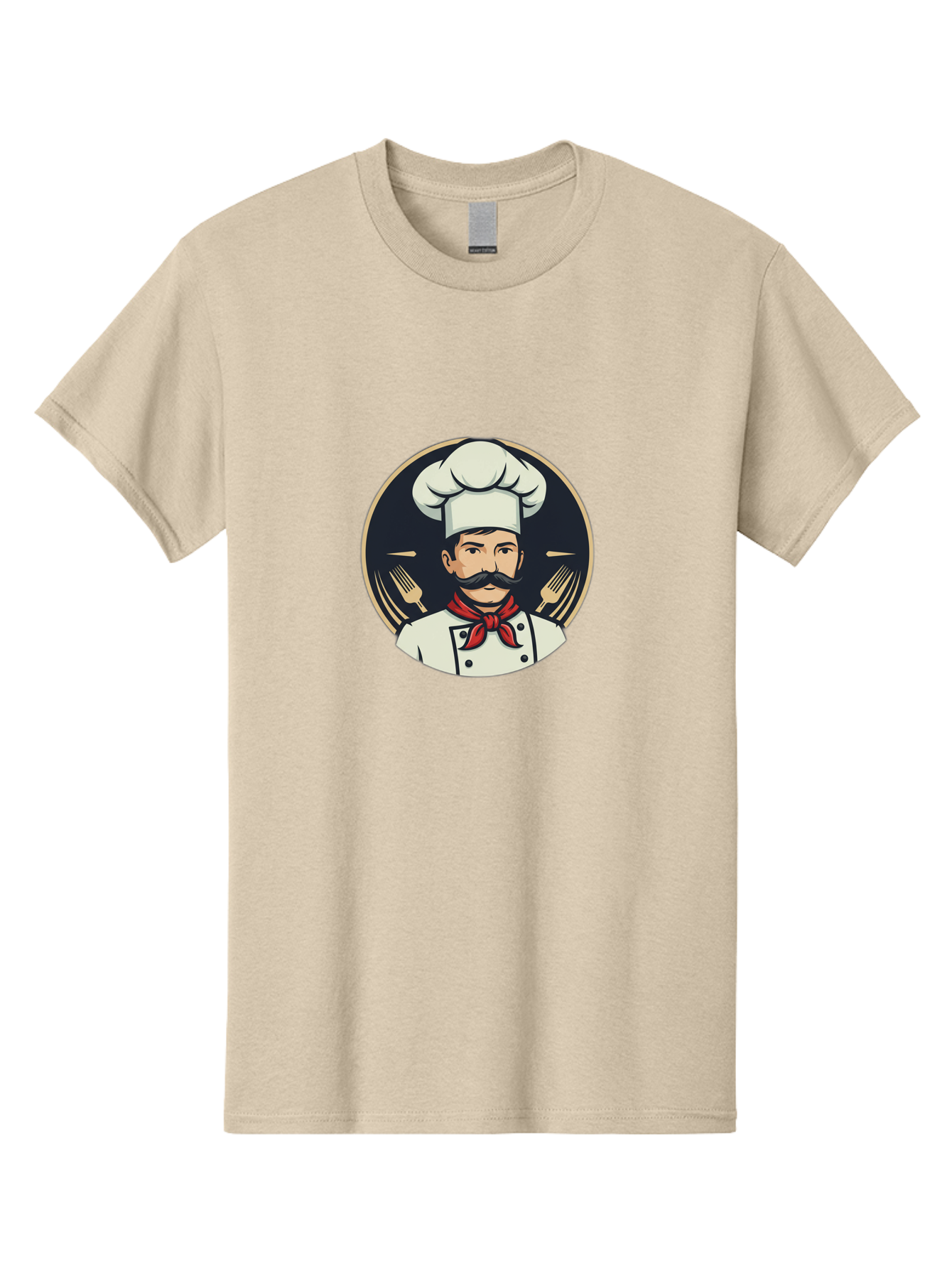 Chef-5 Men'S Graphic Tee, 100% Cotton, Comfortable Casual Summer Wear, Machine Washable, Cartoon Chef, Cooking Expert, Culinary Master, Red Neckerchief, White Hat, Black Mustache, Restaurant Icon, Chef'S Coat, Fine Dining, Utensils, Fork, Bac808