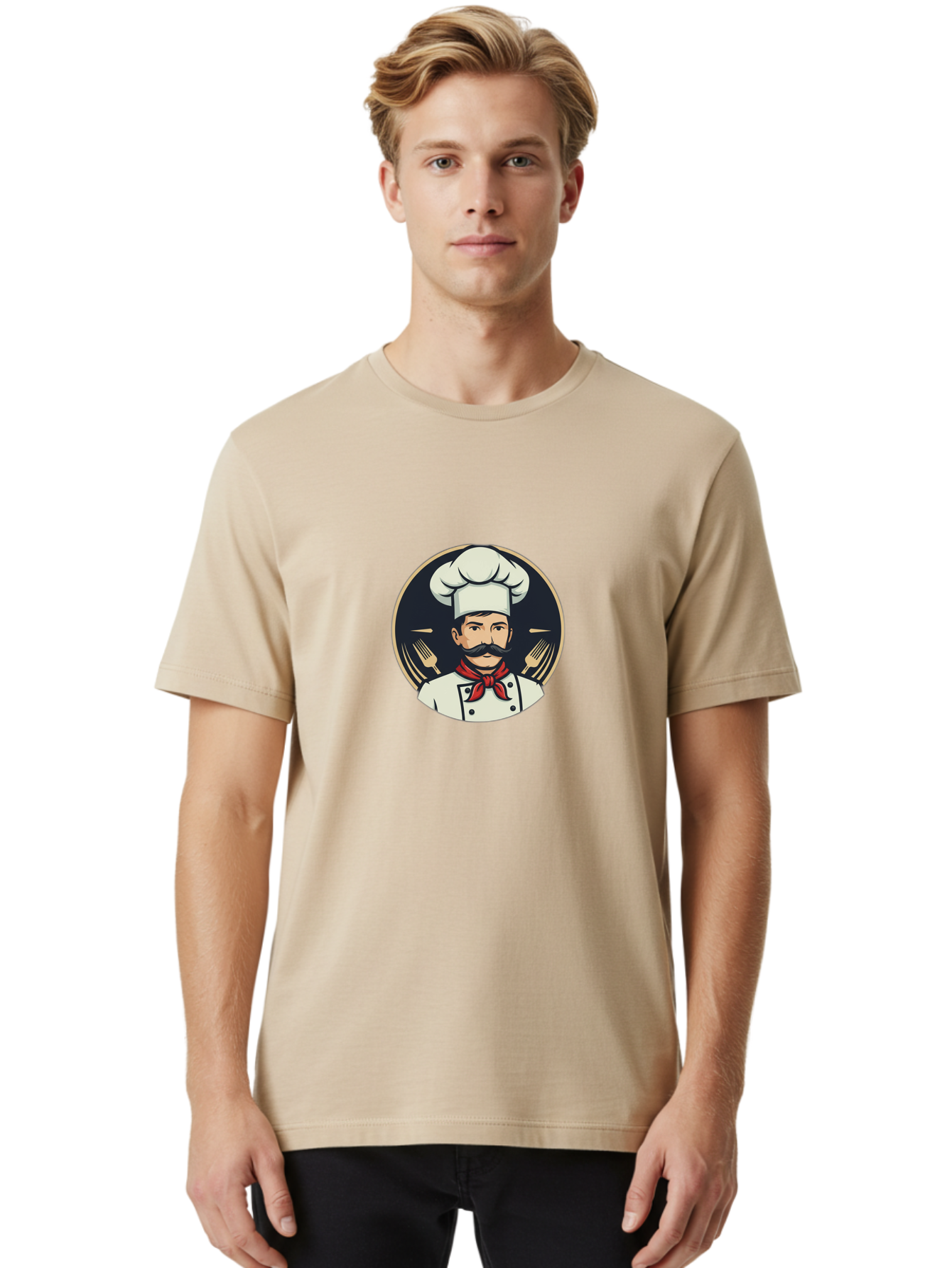 Chef-5 Men'S Graphic Tee, 100% Cotton, Comfortable Casual Summer Wear, Machine Washable, Cartoon Chef, Cooking Expert, Culinary Master, Red Neckerchief, White Hat, Black Mustache, Restaurant Icon, Chef'S Coat, Fine Dining, Utensils, Fork, Bac808