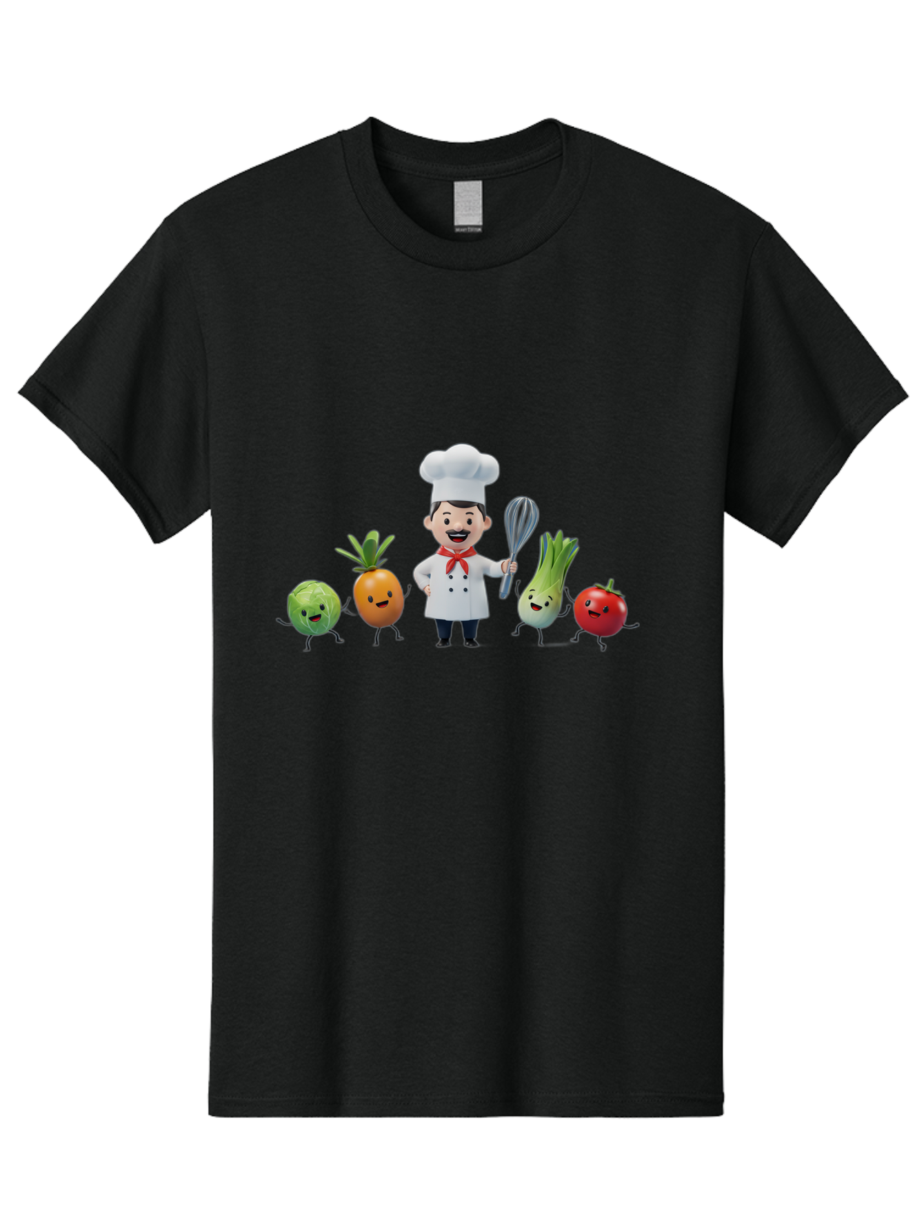 Chef-And-Vegetables Men'S Graphic Tee, 100% Cotton, Comfortable Casual Summer Wear, Machine Washable, Cartoon Chef, Happy Vegetables, Cooking Together, Healthy Food, Kitchen Fun, Animated Characters, Cheerful Scene, Food Preparation, Bac809