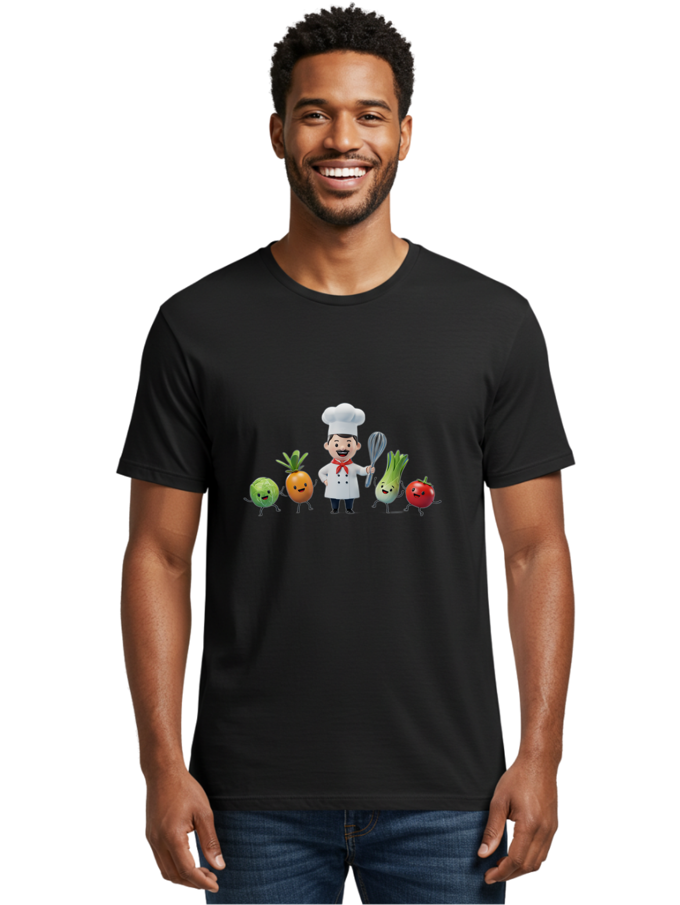 Chef-And-Vegetables Men'S Graphic Tee, 100% Cotton, Comfortable Casual Summer Wear, Machine Washable, Cartoon Chef, Happy Vegetables, Cooking Together, Healthy Food, Kitchen Fun, Animated Characters, Cheerful Scene, Food Preparation, Bac809