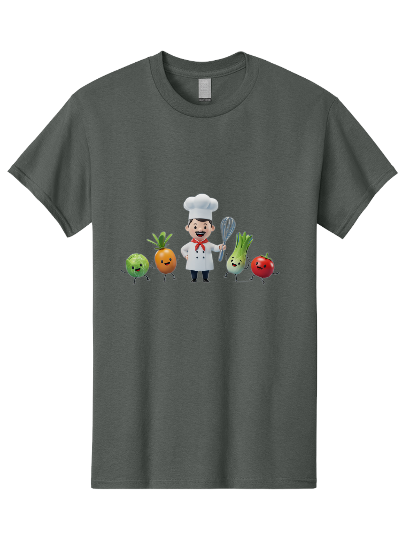 Chef-And-Vegetables Men'S Graphic Tee, 100% Cotton, Comfortable Casual Summer Wear, Machine Washable, Cartoon Chef, Happy Vegetables, Cooking Together, Healthy Food, Kitchen Fun, Animated Characters, Cheerful Scene, Food Preparation, Bac809
