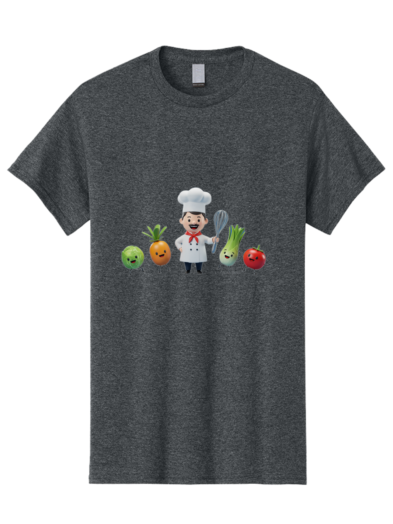 Chef-And-Vegetables Men'S Graphic Tee, 100% Cotton, Comfortable Casual Summer Wear, Machine Washable, Cartoon Chef, Happy Vegetables, Cooking Together, Healthy Food, Kitchen Fun, Animated Characters, Cheerful Scene, Food Preparation, Bac809