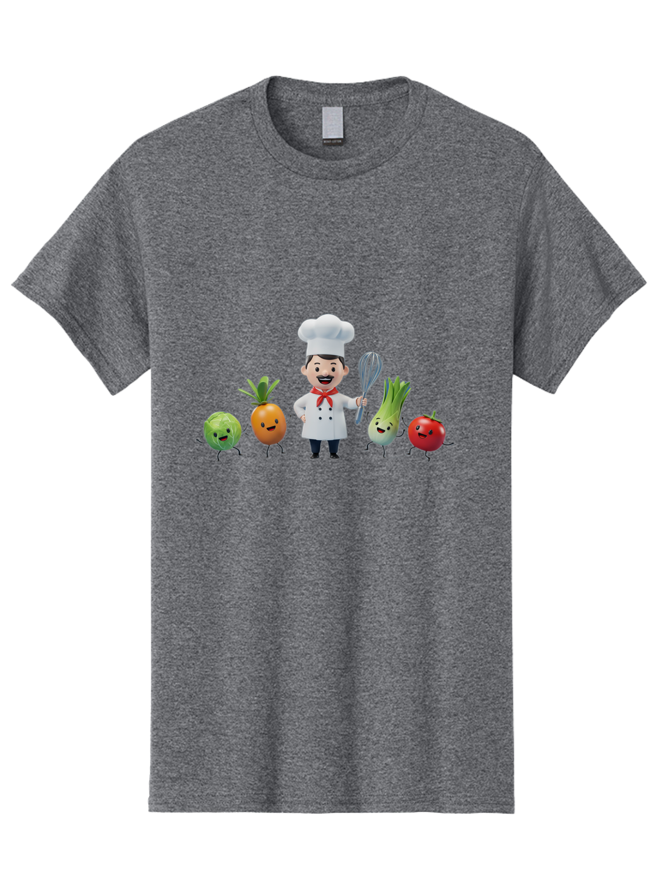 Chef-And-Vegetables Men'S Graphic Tee, 100% Cotton, Comfortable Casual Summer Wear, Machine Washable, Cartoon Chef, Happy Vegetables, Cooking Together, Healthy Food, Kitchen Fun, Animated Characters, Cheerful Scene, Food Preparation, Bac809