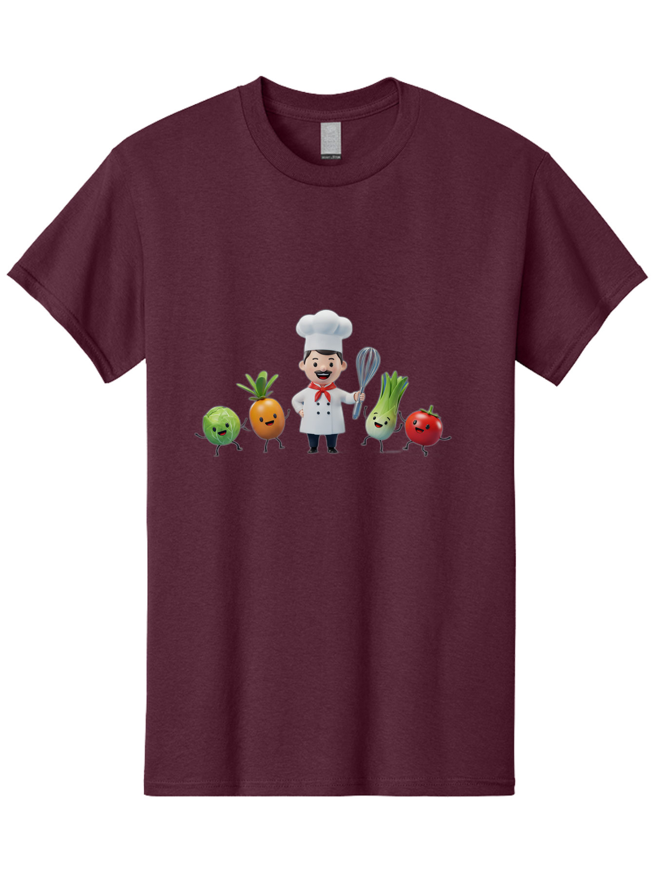 Chef-And-Vegetables Men'S Graphic Tee, 100% Cotton, Comfortable Casual Summer Wear, Machine Washable, Cartoon Chef, Happy Vegetables, Cooking Together, Healthy Food, Kitchen Fun, Animated Characters, Cheerful Scene, Food Preparation, Bac809