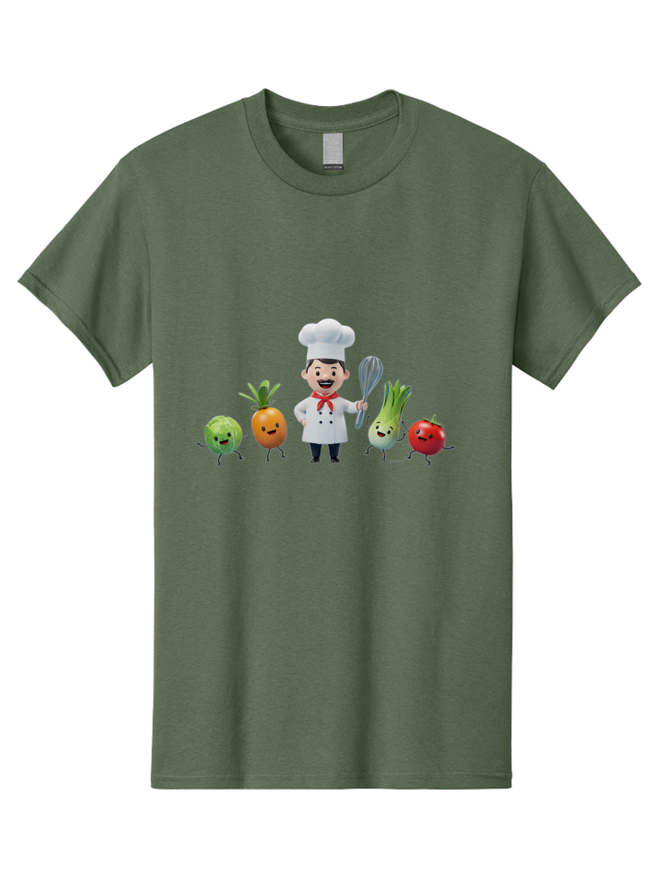 Chef-And-Vegetables Men'S Graphic Tee, 100% Cotton, Comfortable Casual Summer Wear, Machine Washable, Cartoon Chef, Happy Vegetables, Cooking Together, Healthy Food, Kitchen Fun, Animated Characters, Cheerful Scene, Food Preparation, Bac809