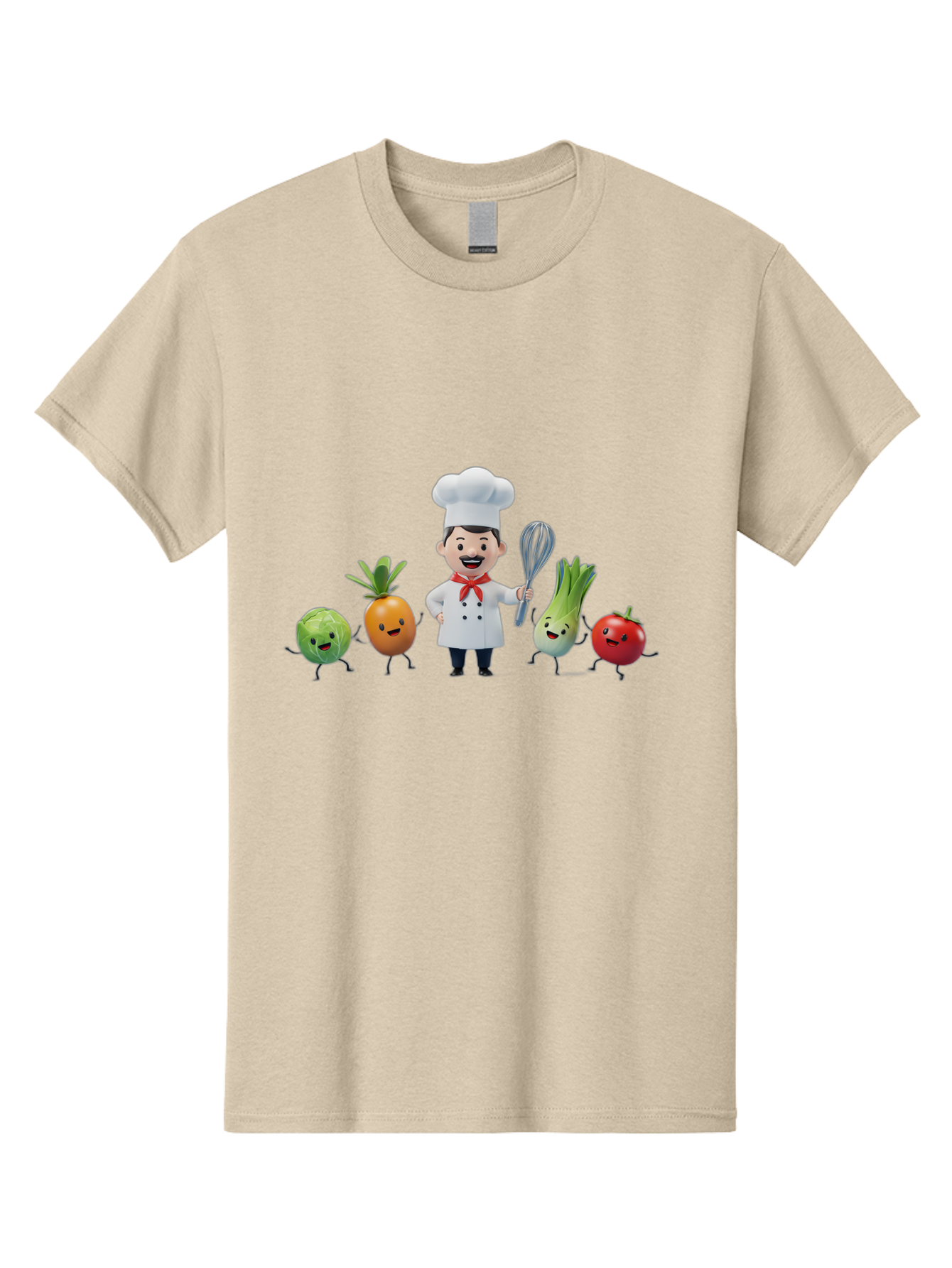 Chef-And-Vegetables Men'S Graphic Tee, 100% Cotton, Comfortable Casual Summer Wear, Machine Washable, Cartoon Chef, Happy Vegetables, Cooking Together, Healthy Food, Kitchen Fun, Animated Characters, Cheerful Scene, Food Preparation, Bac809