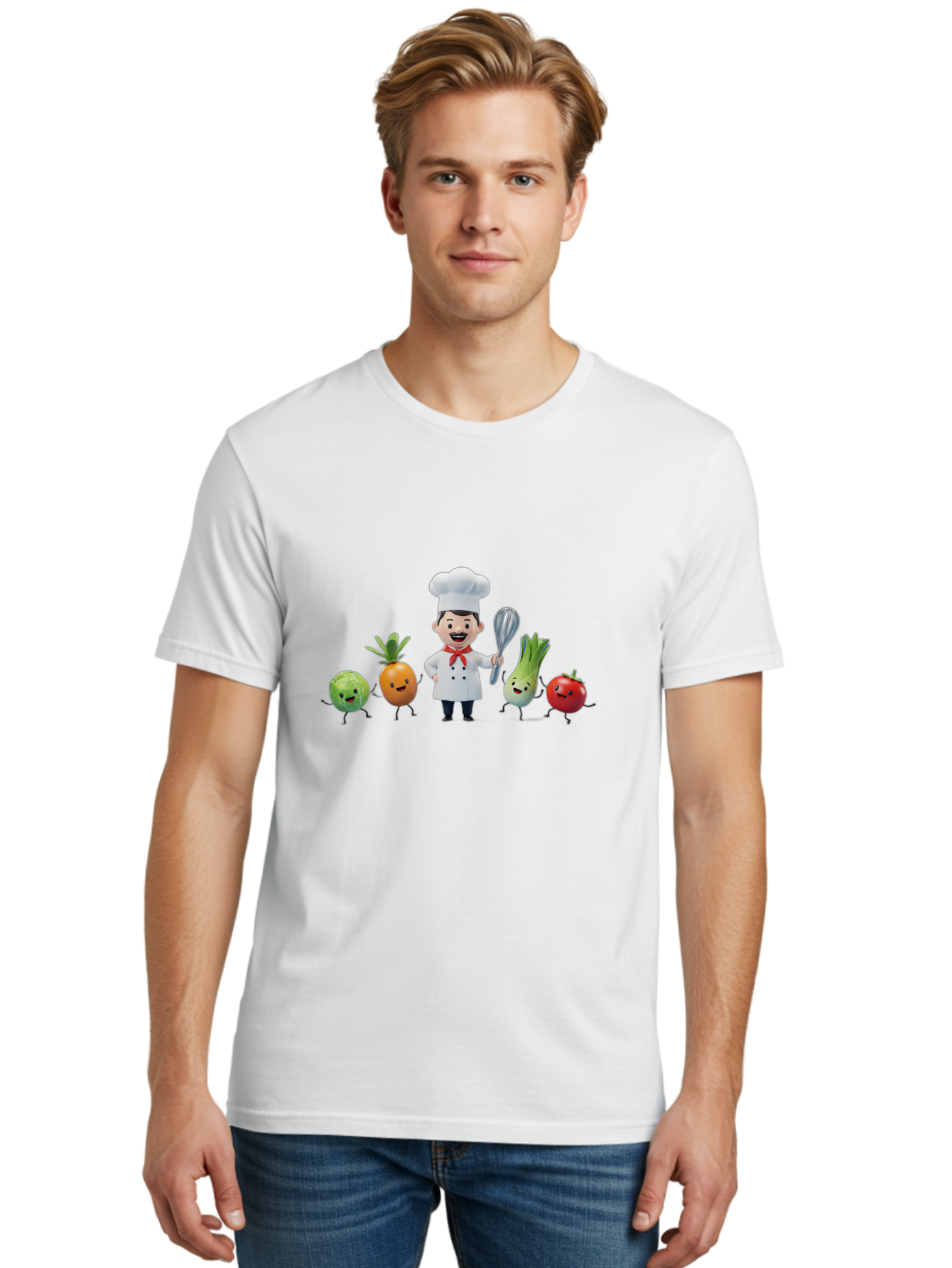 Chef-And-Vegetables Men'S Graphic Tee, 100% Cotton, Comfortable Casual Summer Wear, Machine Washable, Cartoon Chef, Happy Vegetables, Cooking Together, Healthy Food, Kitchen Fun, Animated Characters, Cheerful Scene, Food Preparation, Bac809