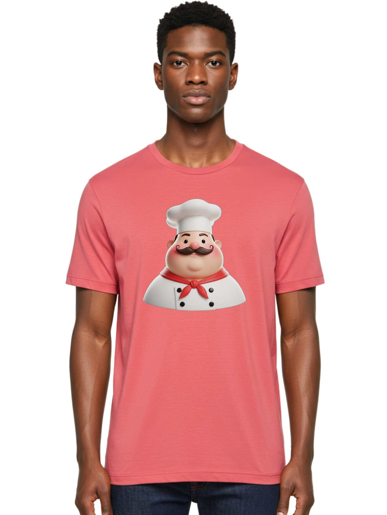 Chef-Character-2 Men'S Graphic Tee, 100% Cotton, Comfortable Casual Summer Wear, Machine Washable, Cartoon Chef, White Hat, Red Scarf, Mustache, Chef Character, Kitchen Staff, Cooking Illustration, Chef Illustration, Culinary Art, 3D Character Bac811
