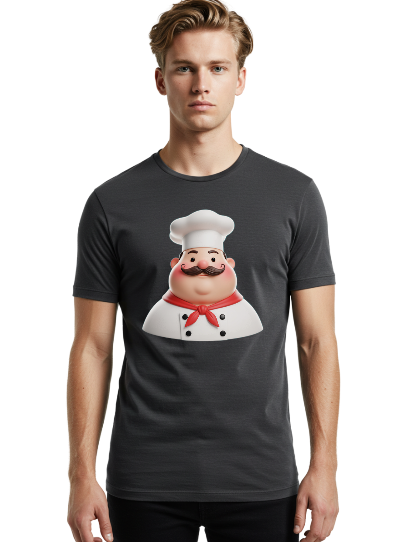 Chef-Character-2 Men'S Graphic Tee, 100% Cotton, Comfortable Casual Summer Wear, Machine Washable, Cartoon Chef, White Hat, Red Scarf, Mustache, Chef Character, Kitchen Staff, Cooking Illustration, Chef Illustration, Culinary Art, 3D Character Bac811