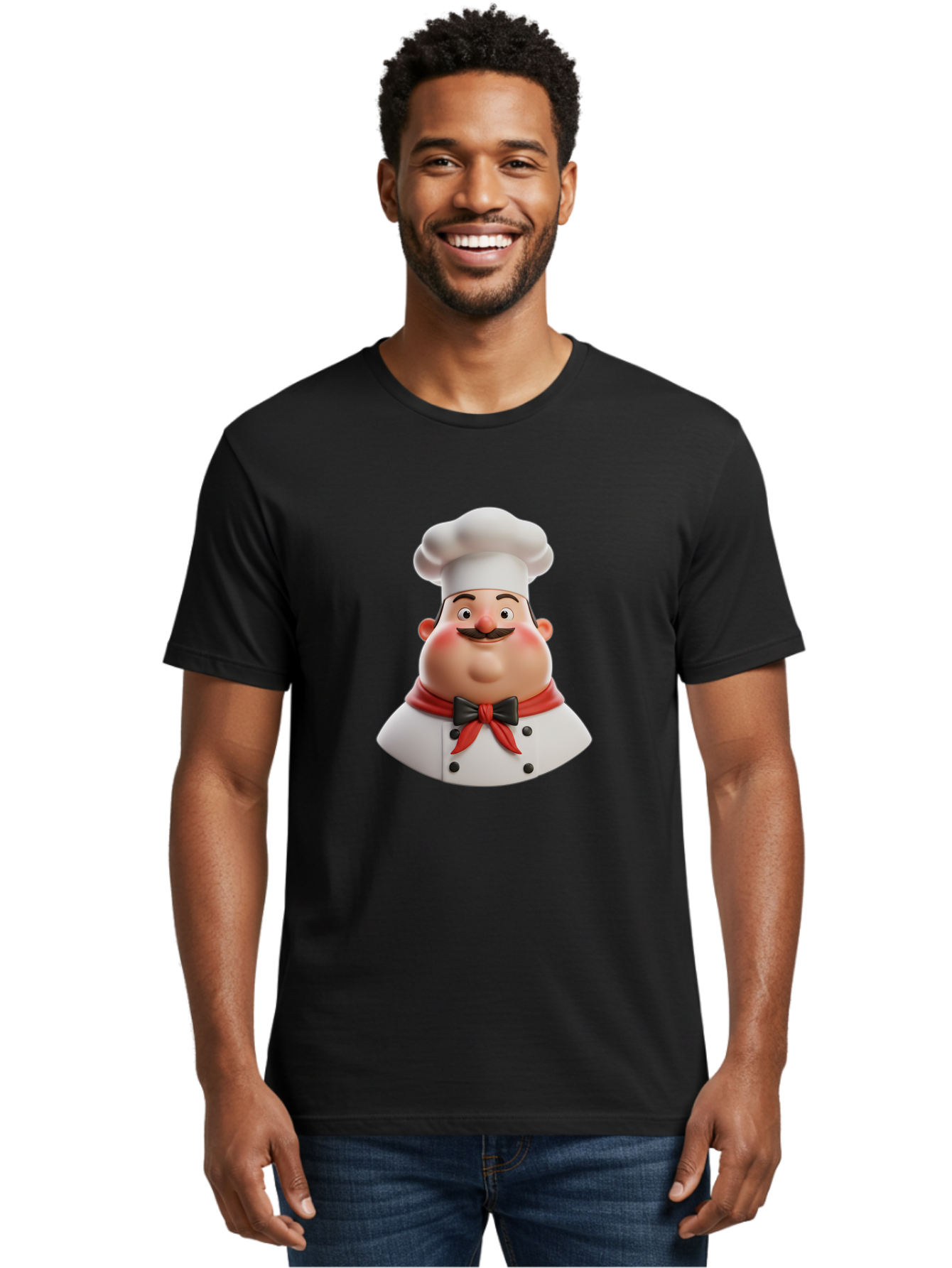 Chef-Character-3 Men'S Graphic Tee, 100% Cotton, Comfortable Casual Summer Wear, Machine Washable, Cartoon Chef, 3D Character, Chef Hat, Chef Coat, Red Scarf, Black Bow Tie, Mustache, Cooking, Culinary, Chef Illustration, Kitchen Character Bac812