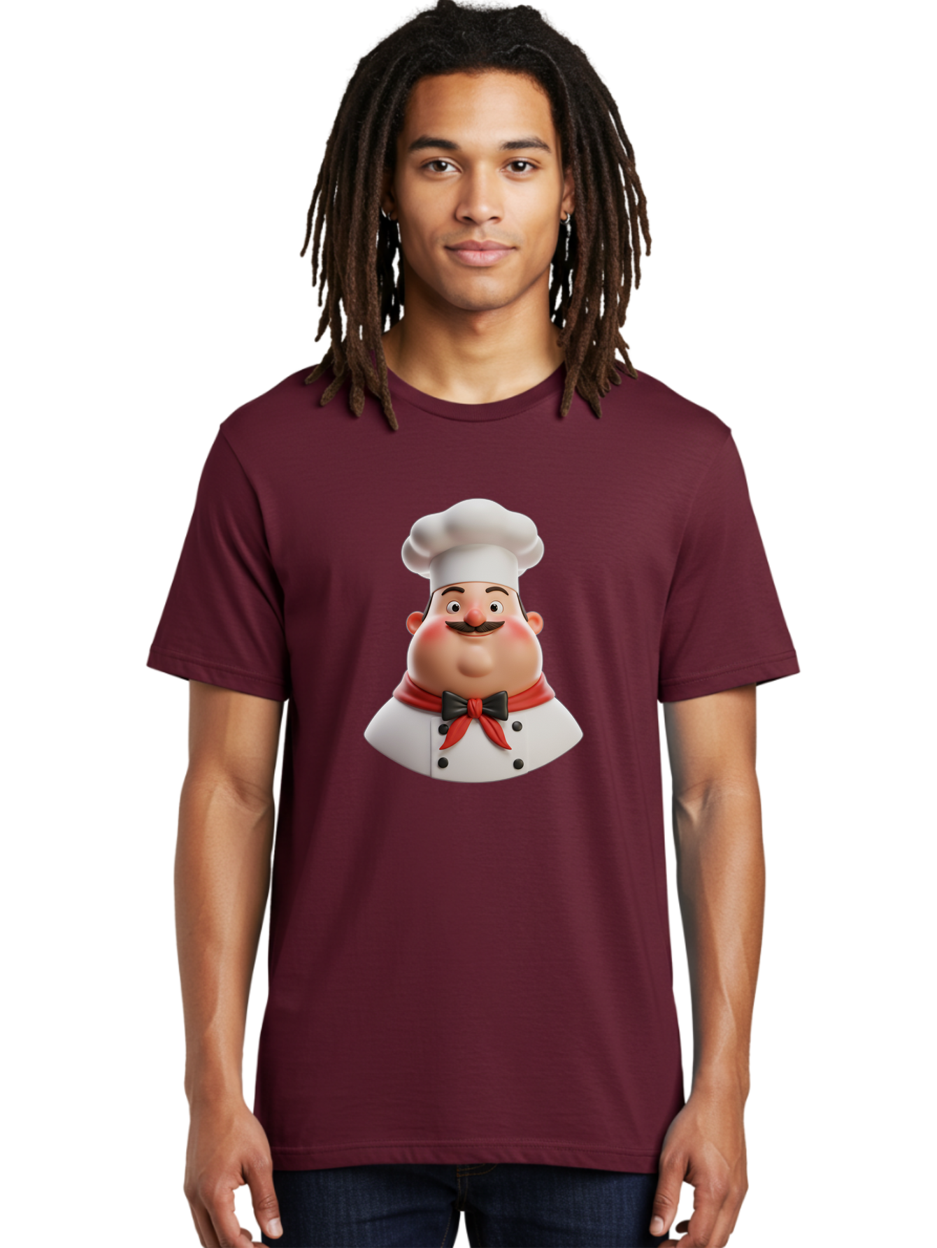 Chef-Character-3 Men'S Graphic Tee, 100% Cotton, Comfortable Casual Summer Wear, Machine Washable, Cartoon Chef, 3D Character, Chef Hat, Chef Coat, Red Scarf, Black Bow Tie, Mustache, Cooking, Culinary, Chef Illustration, Kitchen Character Bac812