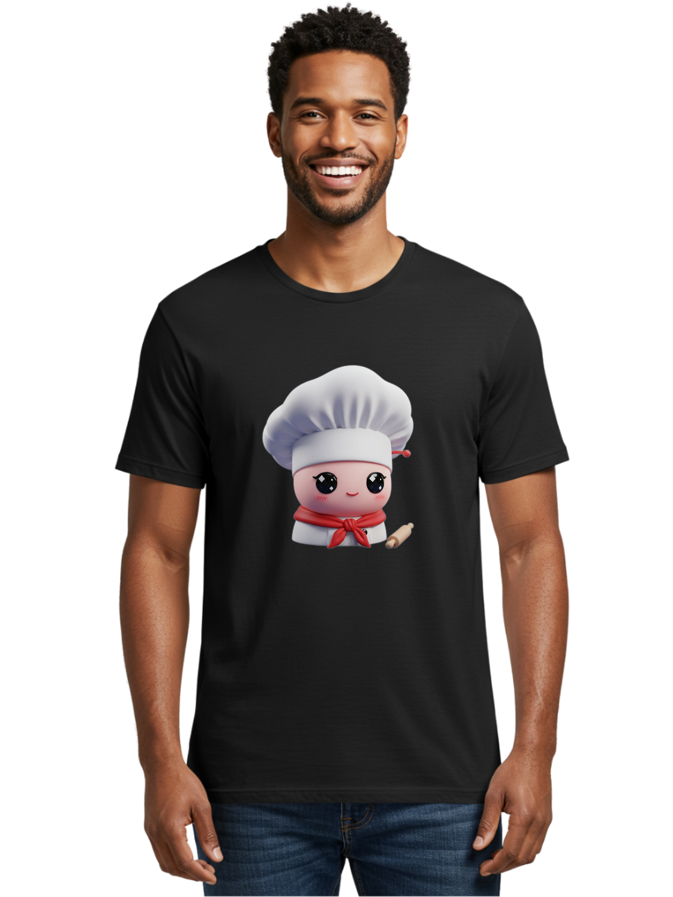 Chef-Character-4 Men'S Graphic Tee, 100% Cotton, Comfortable Casual Summer Wear, Machine Washable, Cartoon Chef Character, Cute Chef Illustration, Chef Hat, Red Scarf, White Uniform, Cooking Utensils, Kitchen Theme, Adorable Chef, Pastry Chef, Bac813