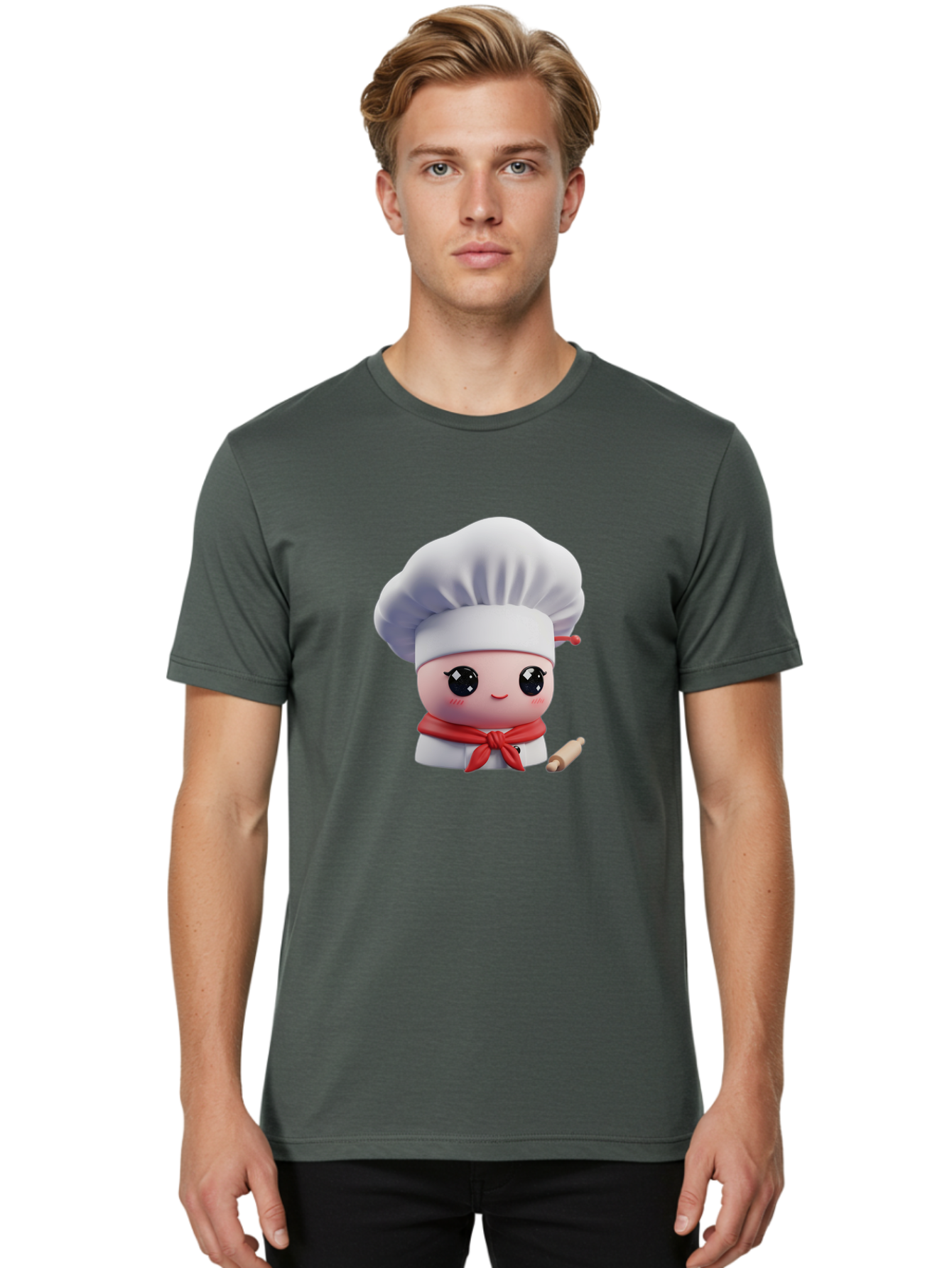 Chef-Character-4 Men'S Graphic Tee, 100% Cotton, Comfortable Casual Summer Wear, Machine Washable, Cartoon Chef Character, Cute Chef Illustration, Chef Hat, Red Scarf, White Uniform, Cooking Utensils, Kitchen Theme, Adorable Chef, Pastry Chef, Bac813