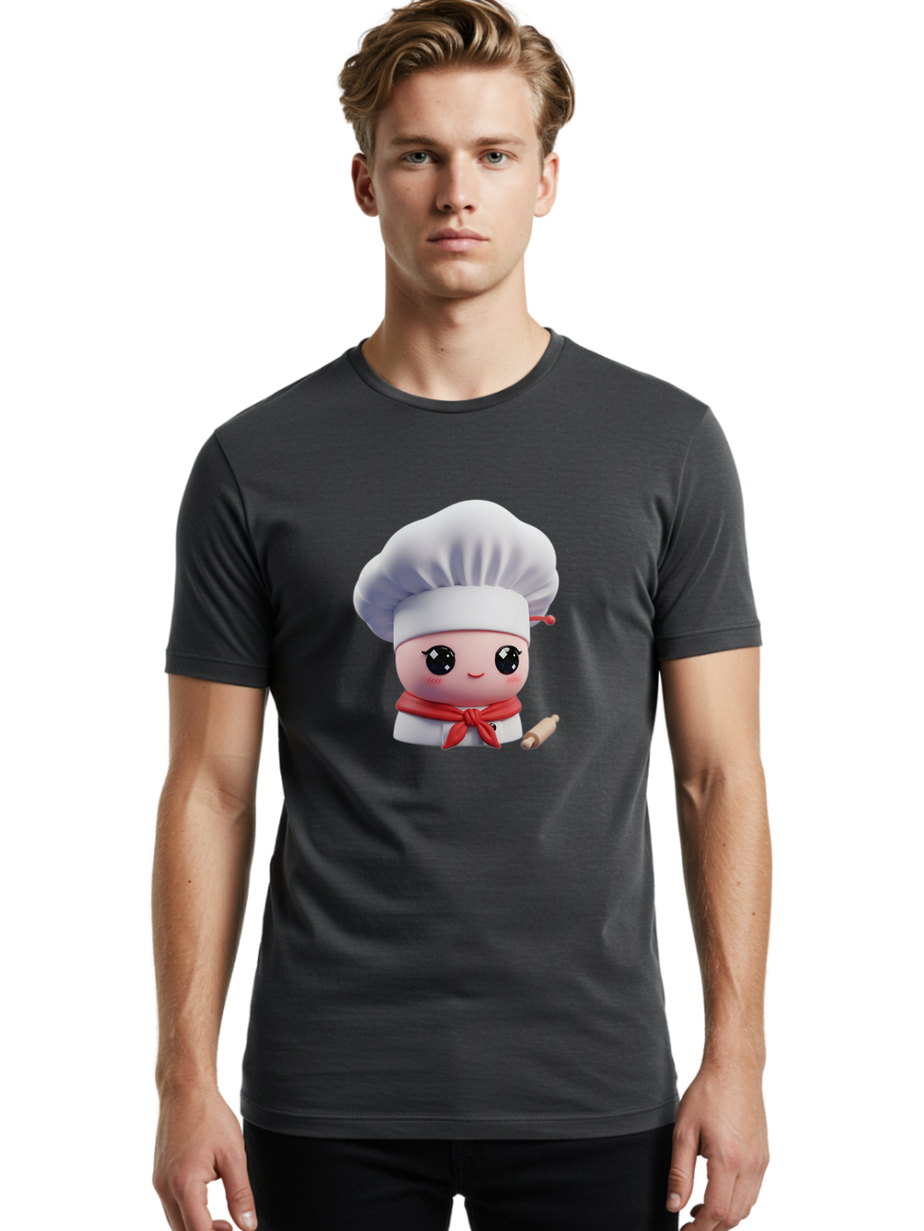 Chef-Character-4 Men'S Graphic Tee, 100% Cotton, Comfortable Casual Summer Wear, Machine Washable, Cartoon Chef Character, Cute Chef Illustration, Chef Hat, Red Scarf, White Uniform, Cooking Utensils, Kitchen Theme, Adorable Chef, Pastry Chef, Bac813