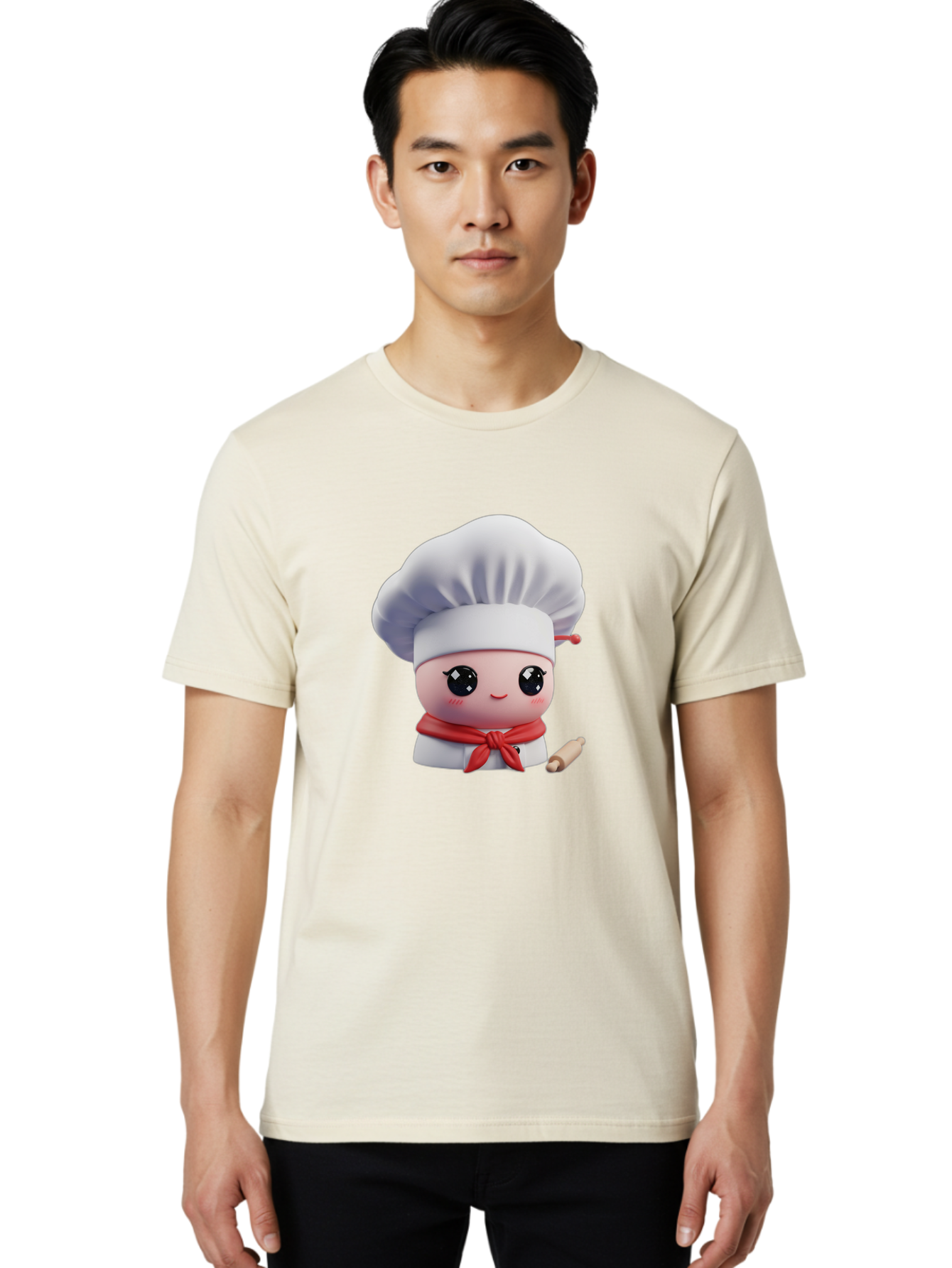 Chef-Character-4 Men'S Graphic Tee, 100% Cotton, Comfortable Casual Summer Wear, Machine Washable, Cartoon Chef Character, Cute Chef Illustration, Chef Hat, Red Scarf, White Uniform, Cooking Utensils, Kitchen Theme, Adorable Chef, Pastry Chef, Bac813