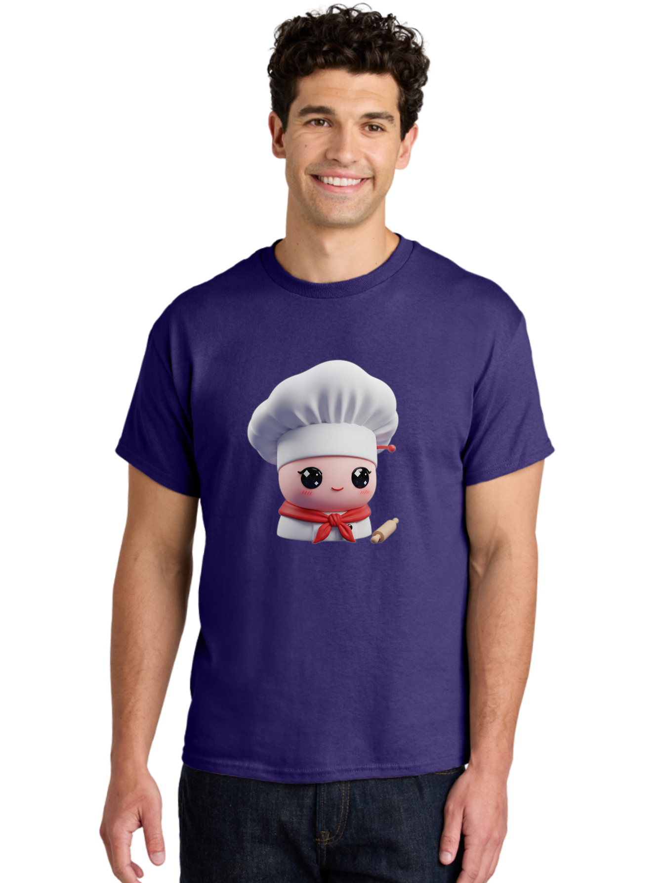 Chef-Character-4 Men'S Graphic Tee, 100% Cotton, Comfortable Casual Summer Wear, Machine Washable, Cartoon Chef Character, Cute Chef Illustration, Chef Hat, Red Scarf, White Uniform, Cooking Utensils, Kitchen Theme, Adorable Chef, Pastry Chef, Bac813