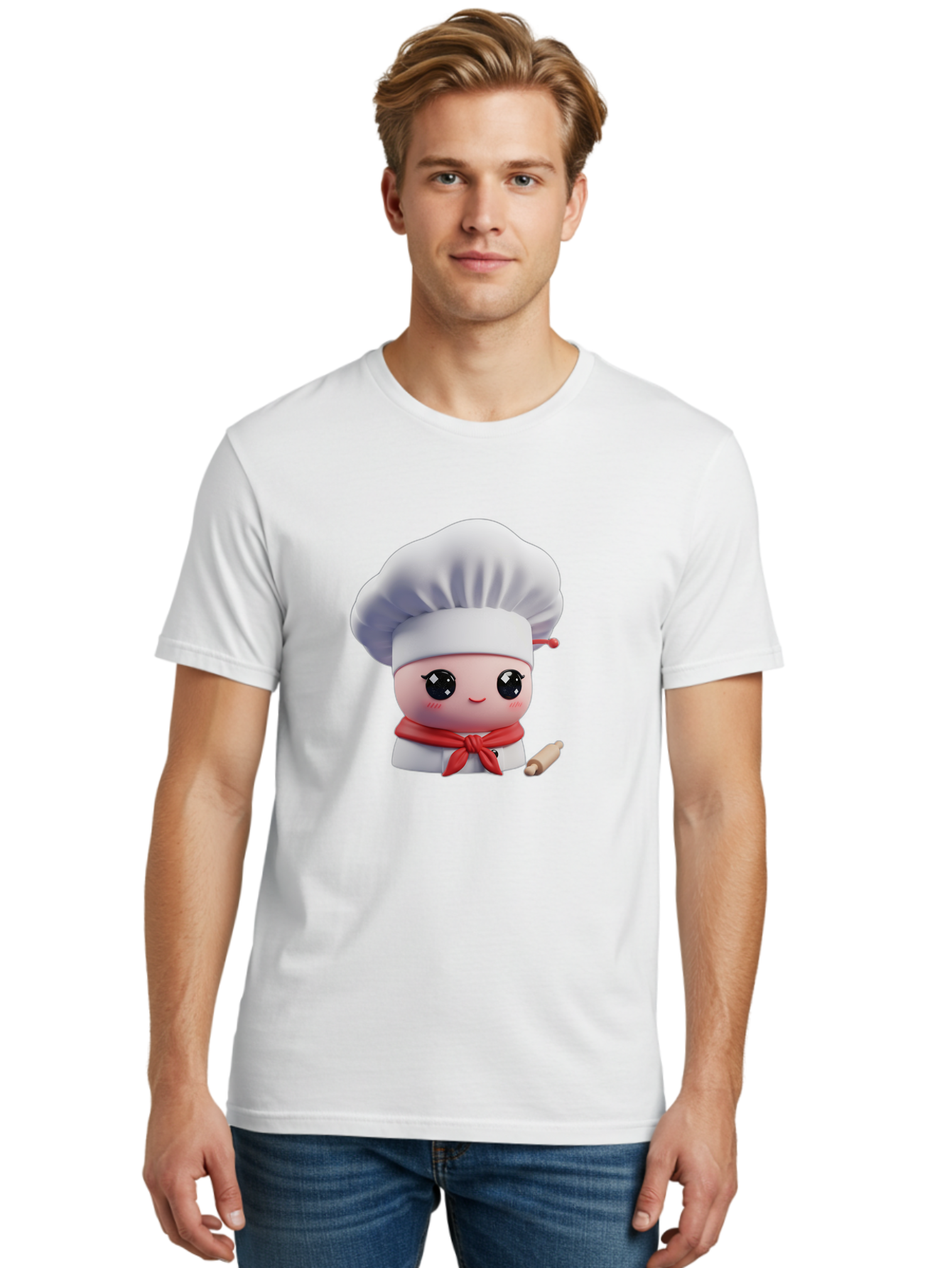 Chef-Character-4 Men'S Graphic Tee, 100% Cotton, Comfortable Casual Summer Wear, Machine Washable, Cartoon Chef Character, Cute Chef Illustration, Chef Hat, Red Scarf, White Uniform, Cooking Utensils, Kitchen Theme, Adorable Chef, Pastry Chef, Bac813