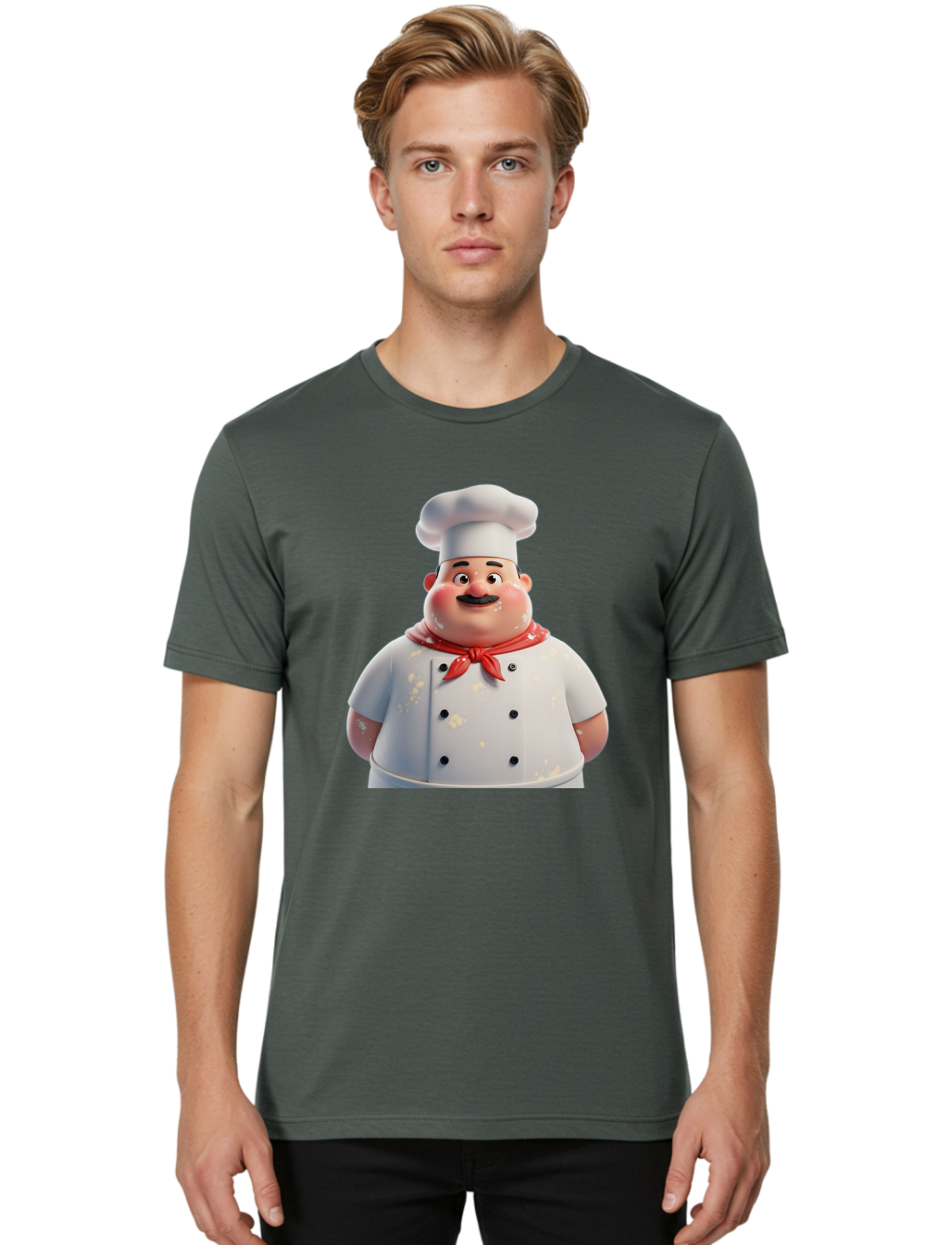 Chef-Character Men'S Graphic Tee, 100% Cotton, Comfortable Casual Summer Wear, Machine Washable, Cartoon Chef, White Chef Hat, Red Neckerchief, Mustache, Chef Coat, Cooking, Culinary Arts, Kitchen Staff, Food Preparation, 3D Character, Bac814