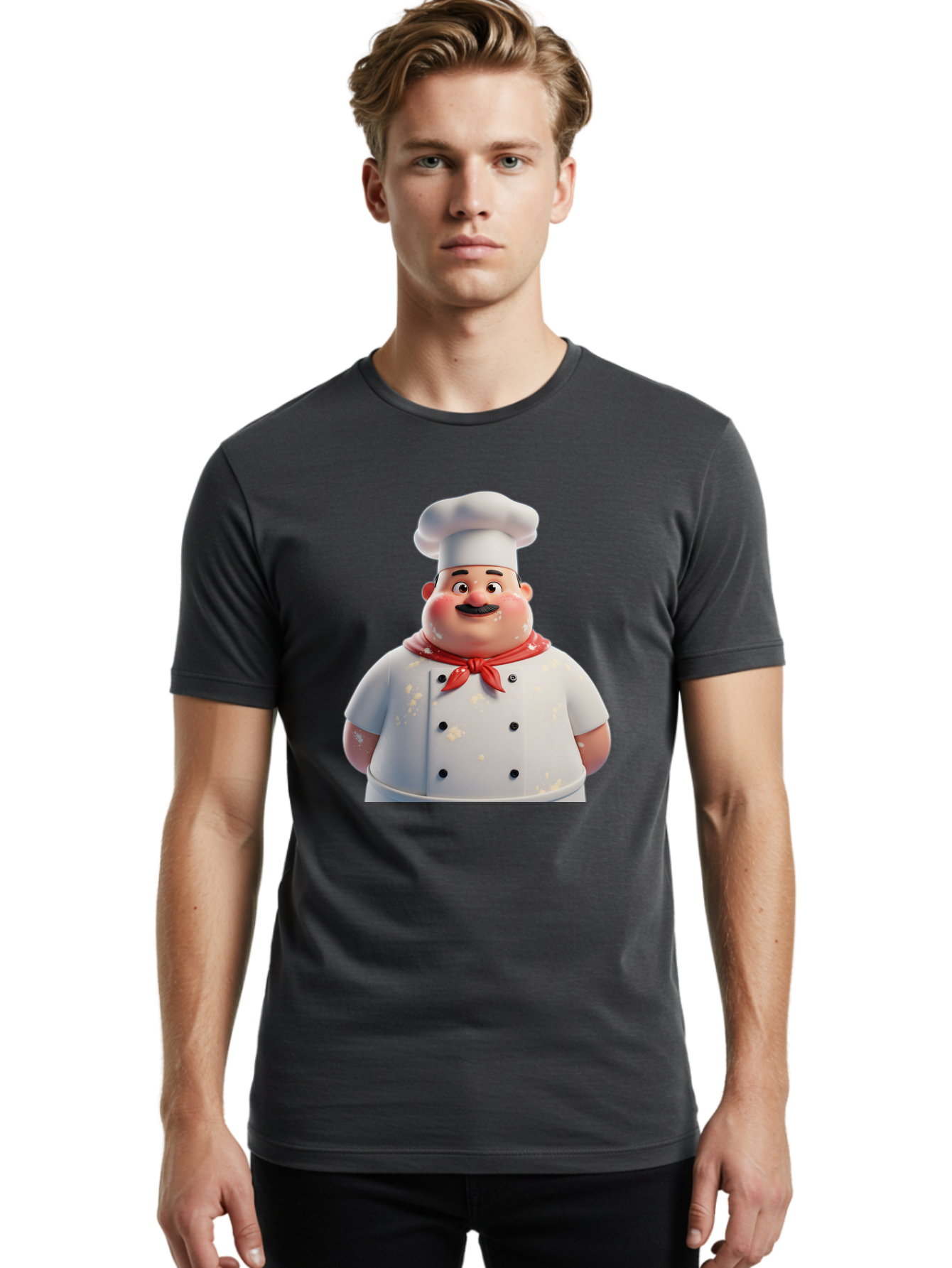 Chef-Character Men'S Graphic Tee, 100% Cotton, Comfortable Casual Summer Wear, Machine Washable, Cartoon Chef, White Chef Hat, Red Neckerchief, Mustache, Chef Coat, Cooking, Culinary Arts, Kitchen Staff, Food Preparation, 3D Character, Bac814