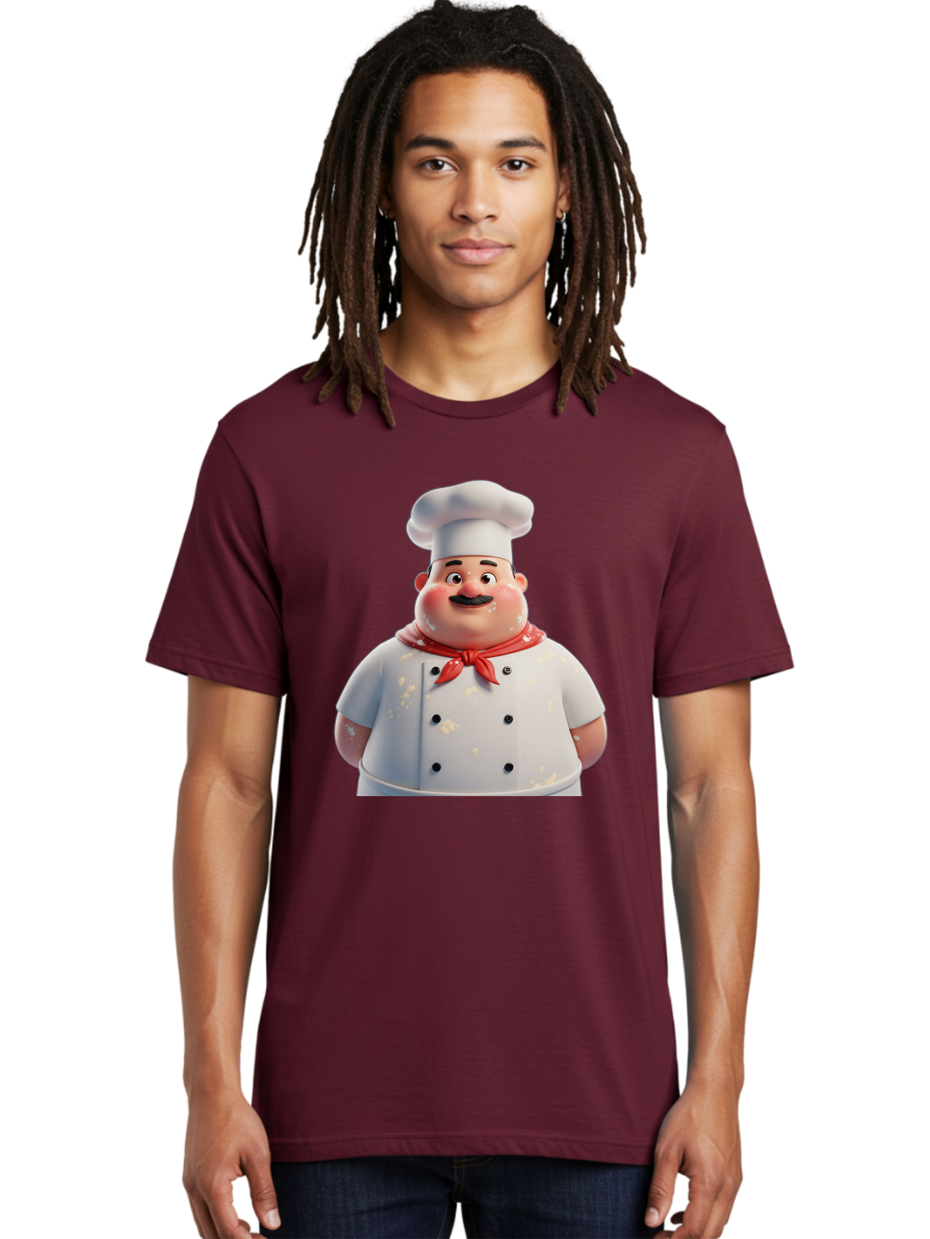 Chef-Character Men'S Graphic Tee, 100% Cotton, Comfortable Casual Summer Wear, Machine Washable, Cartoon Chef, White Chef Hat, Red Neckerchief, Mustache, Chef Coat, Cooking, Culinary Arts, Kitchen Staff, Food Preparation, 3D Character, Bac814