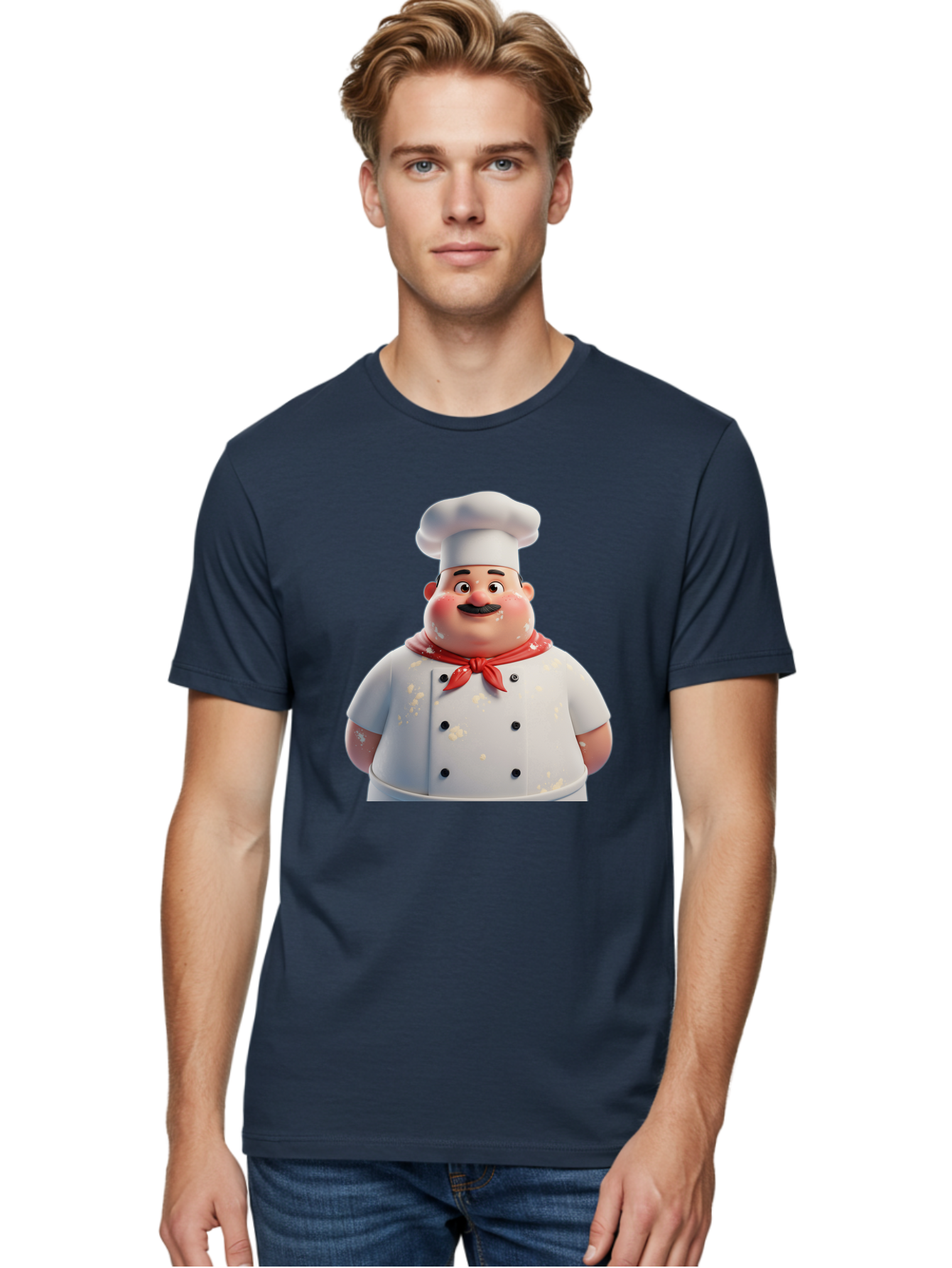 Chef-Character Men'S Graphic Tee, 100% Cotton, Comfortable Casual Summer Wear, Machine Washable, Cartoon Chef, White Chef Hat, Red Neckerchief, Mustache, Chef Coat, Cooking, Culinary Arts, Kitchen Staff, Food Preparation, 3D Character, Bac814