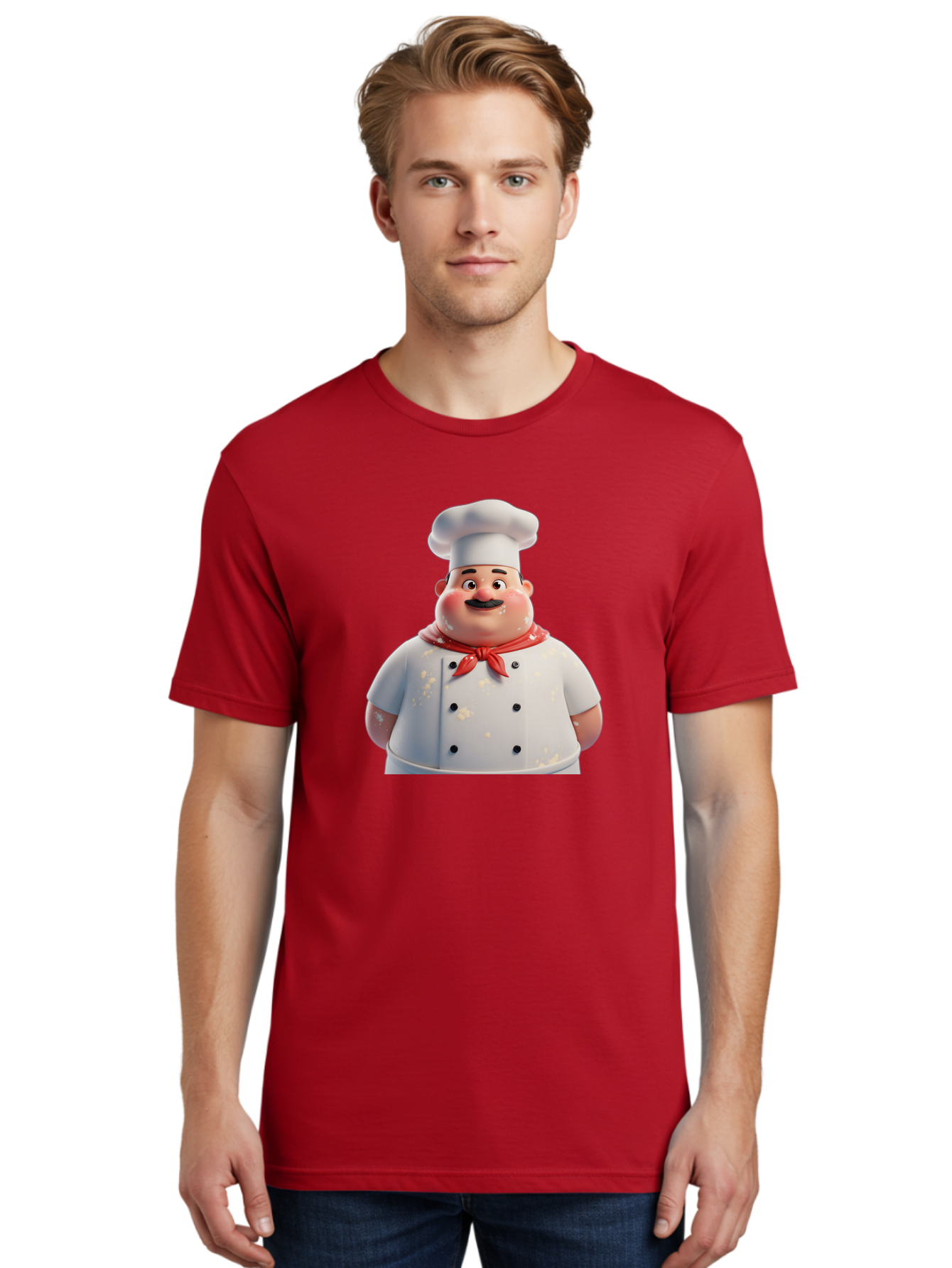 Chef-Character Men'S Graphic Tee, 100% Cotton, Comfortable Casual Summer Wear, Machine Washable, Cartoon Chef, White Chef Hat, Red Neckerchief, Mustache, Chef Coat, Cooking, Culinary Arts, Kitchen Staff, Food Preparation, 3D Character, Bac814