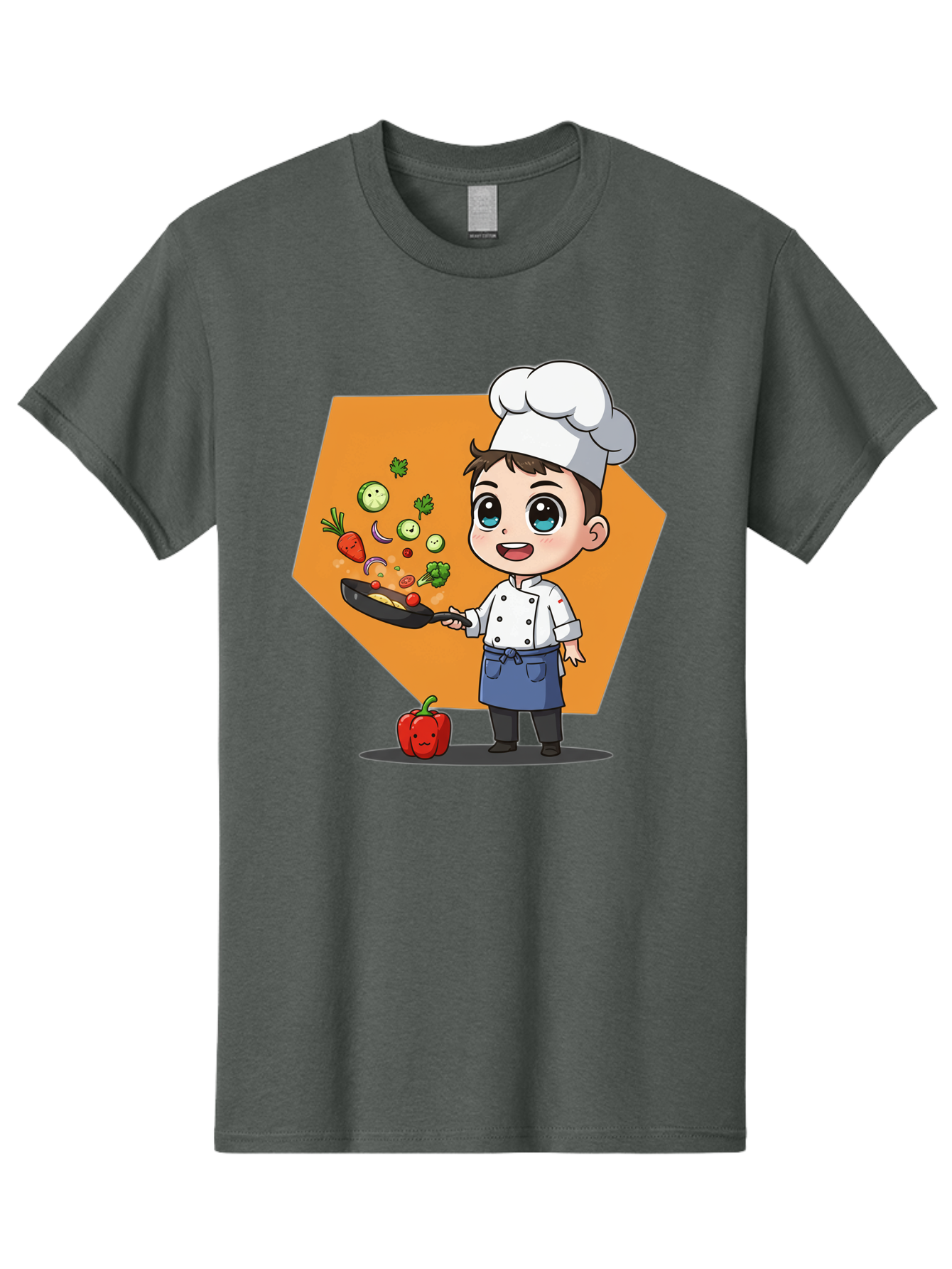 Chef-Cooking-Vegetables Men'S Graphic Tee, 100% Cotton, Comfortable Casual Summer Wear, Machine Washable, Cartoon Chef, Young Boy Cooking, Healthy Vegetables, Kitchen Skills, Chef Hat, Cooking Pan, Fresh Produce, Culinary Arts, Kid Chef Bac815