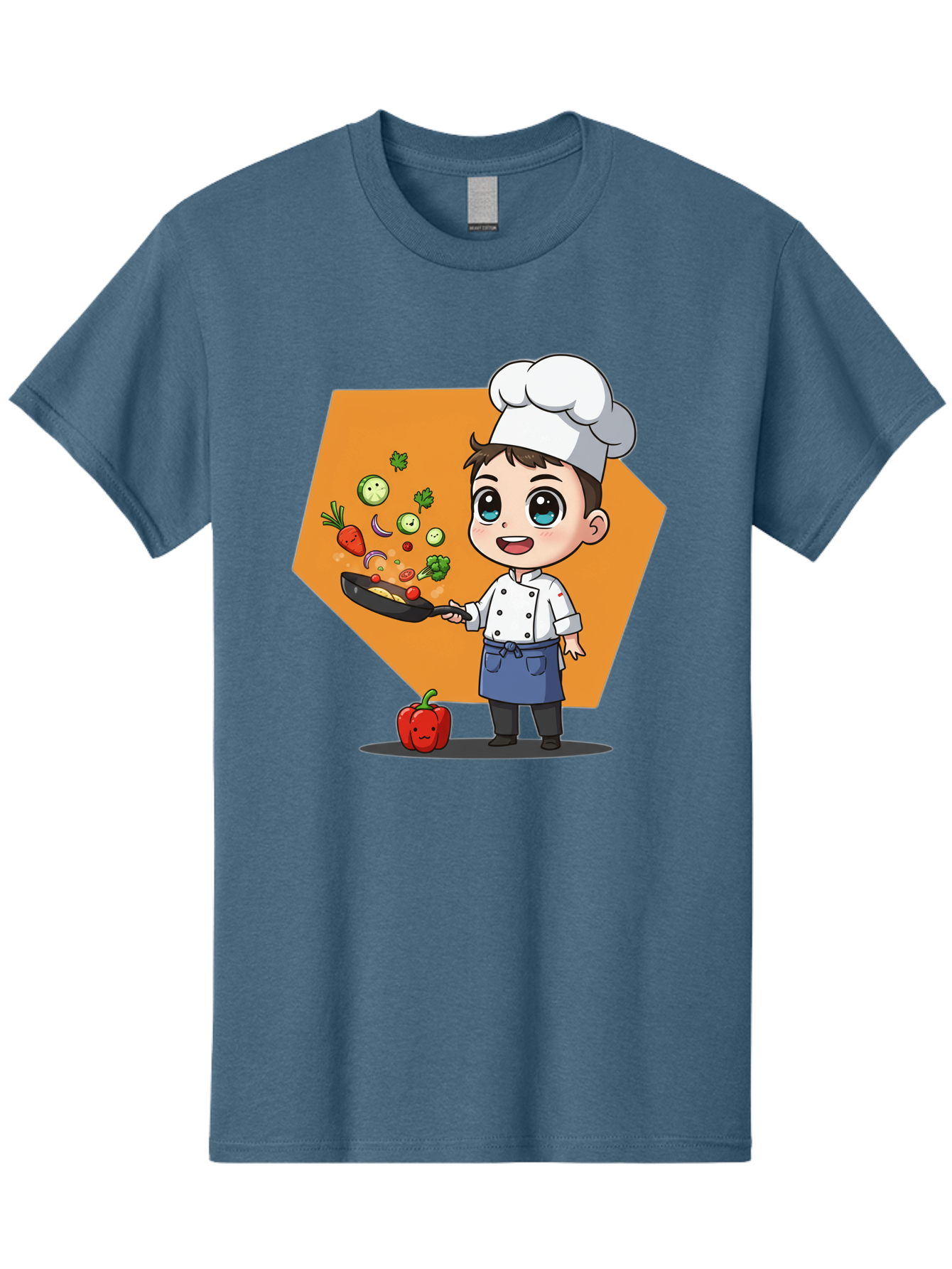 Chef-Cooking-Vegetables Men'S Graphic Tee, 100% Cotton, Comfortable Casual Summer Wear, Machine Washable, Cartoon Chef, Young Boy Cooking, Healthy Vegetables, Kitchen Skills, Chef Hat, Cooking Pan, Fresh Produce, Culinary Arts, Kid Chef Bac815