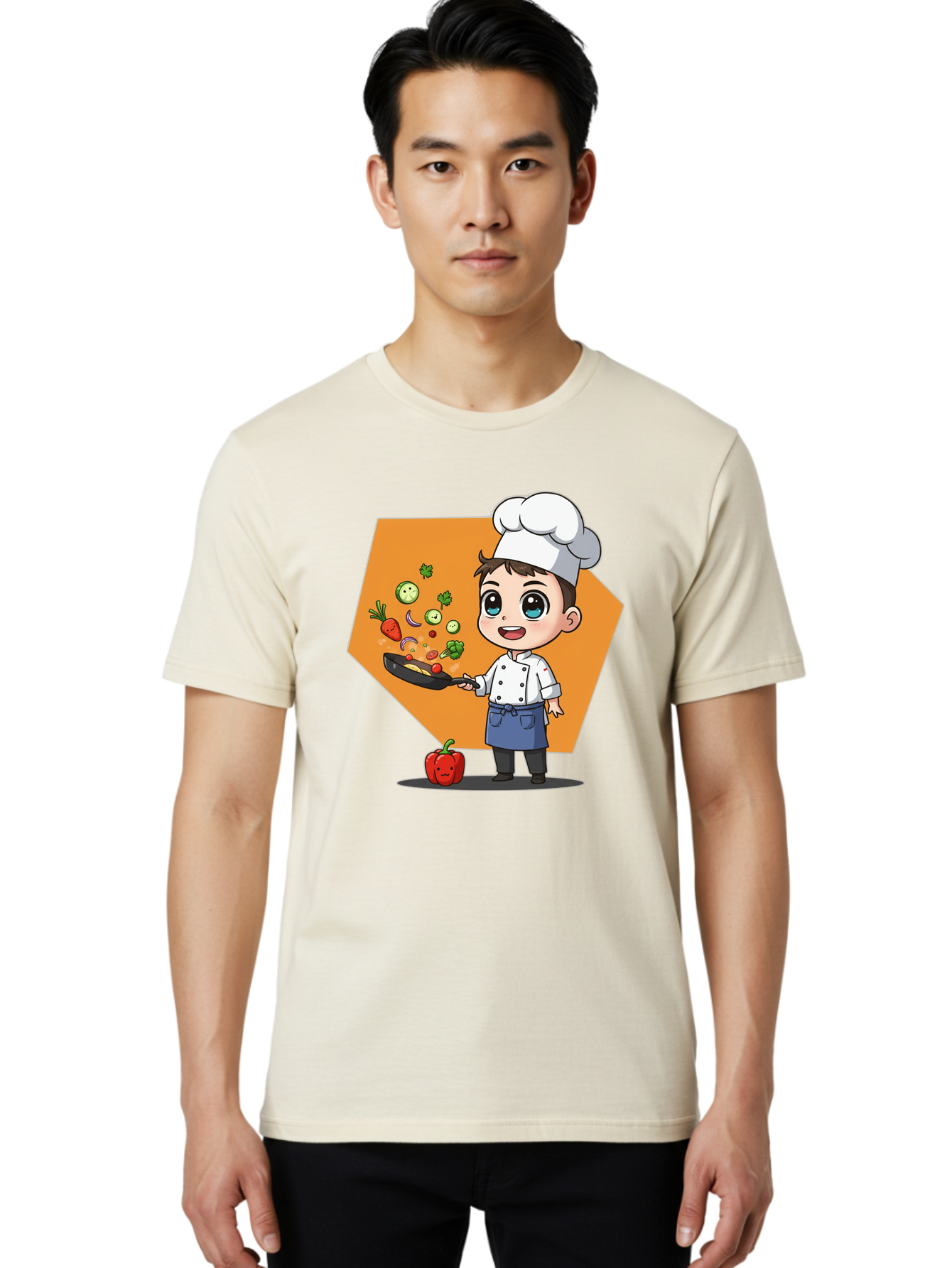 Chef-Cooking-Vegetables Men'S Graphic Tee, 100% Cotton, Comfortable Casual Summer Wear, Machine Washable, Cartoon Chef, Young Boy Cooking, Healthy Vegetables, Kitchen Skills, Chef Hat, Cooking Pan, Fresh Produce, Culinary Arts, Kid Chef Bac815