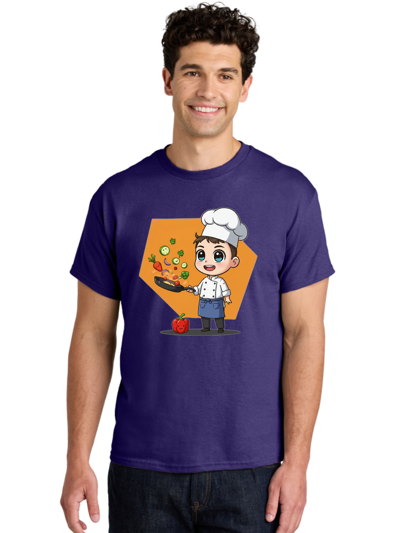 Chef-Cooking-Vegetables Men'S Graphic Tee, 100% Cotton, Comfortable Casual Summer Wear, Machine Washable, Cartoon Chef, Young Boy Cooking, Healthy Vegetables, Kitchen Skills, Chef Hat, Cooking Pan, Fresh Produce, Culinary Arts, Kid Chef Bac815