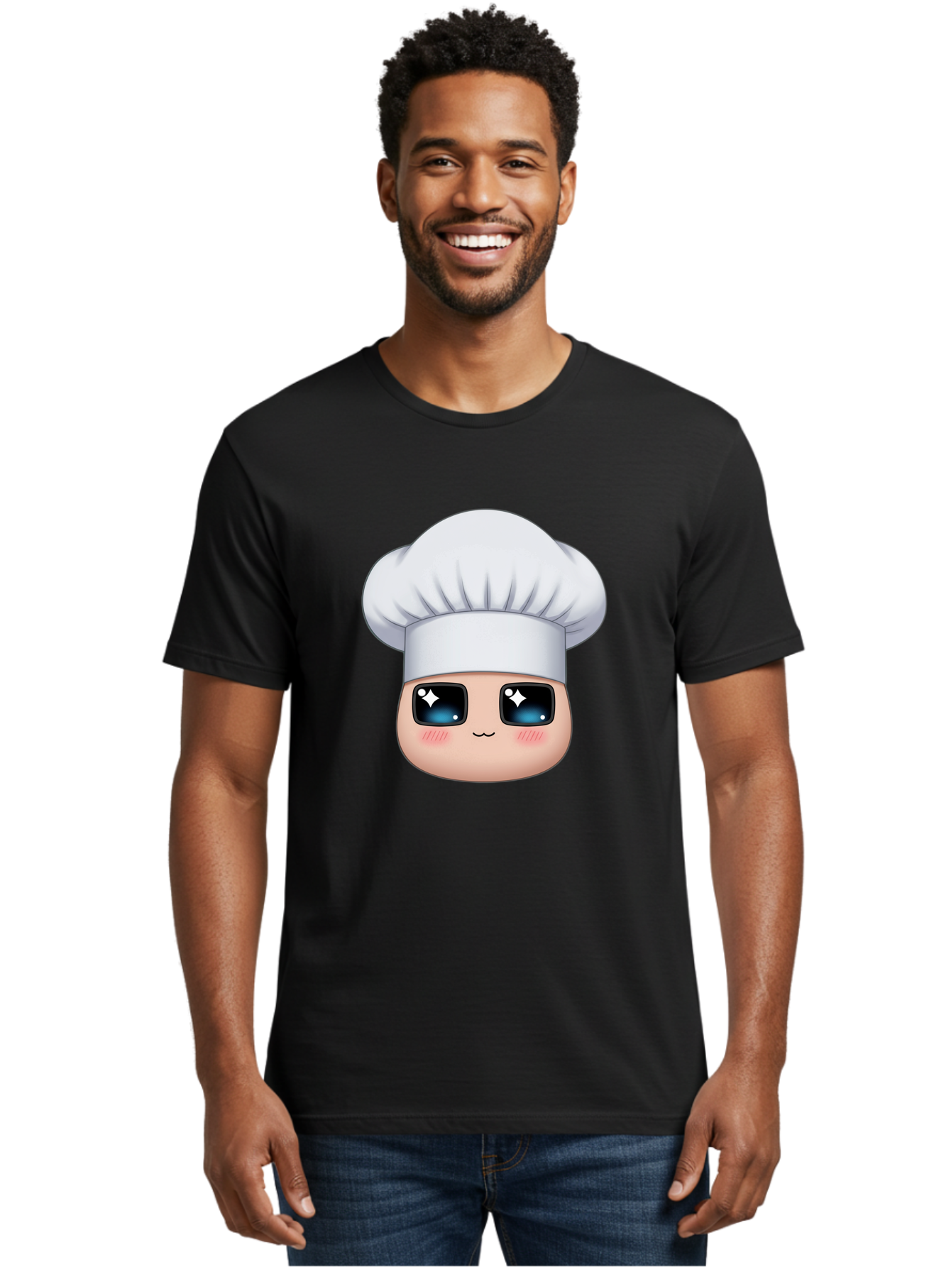 Chef-Emoji-1 Men'S Graphic Tee, 100% Cotton, Comfortable Casual Summer Wear, Machine Washable, Cartoon Chef, Cooking Emoji, Chef Hat, Cute Face, Sparkle Eyes, Rosy Cheeks, Kawaii Style, Culinary Art, Foodie, Cooking Enthusiast Bac816