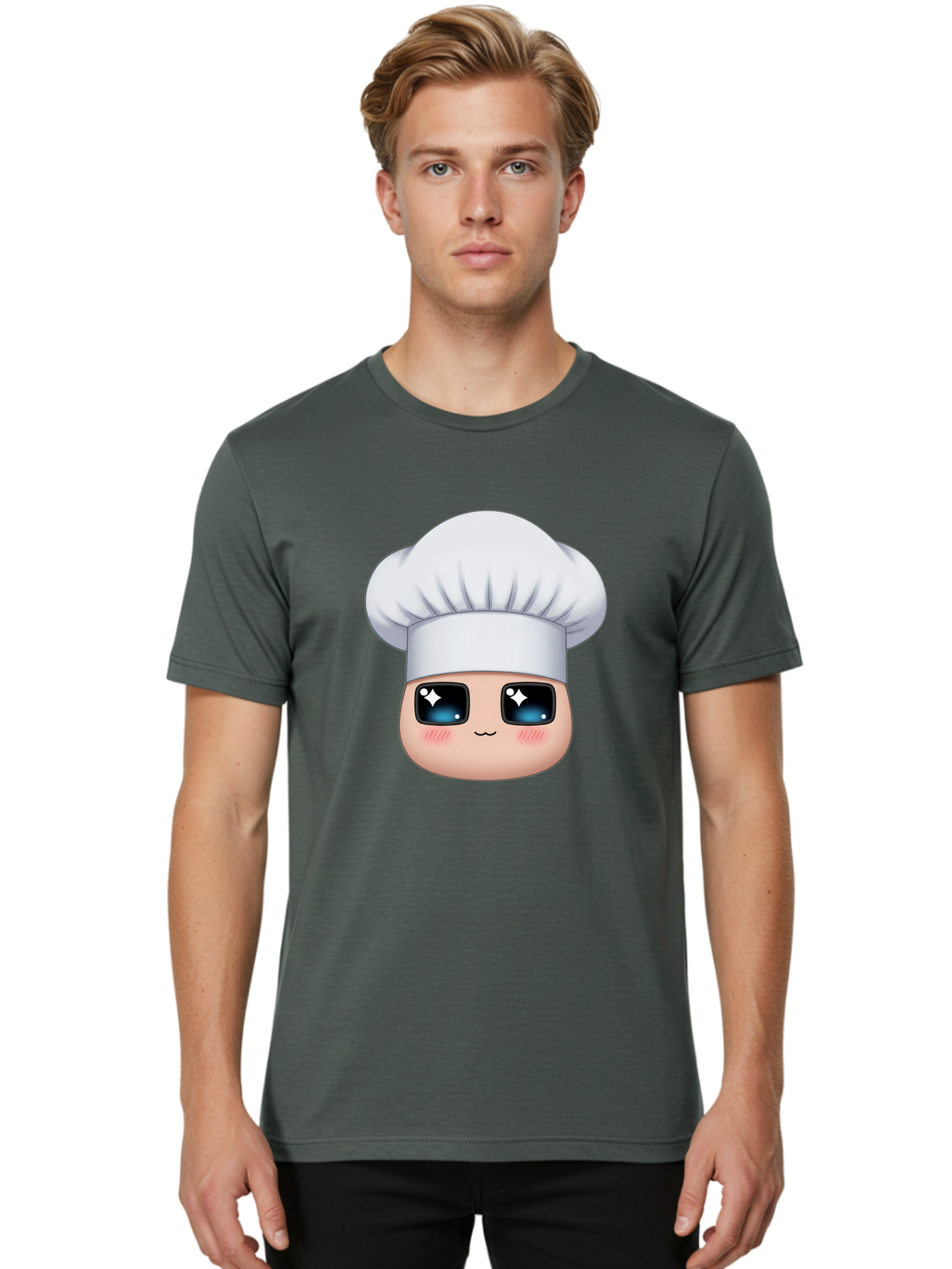 Chef-Emoji-1 Men'S Graphic Tee, 100% Cotton, Comfortable Casual Summer Wear, Machine Washable, Cartoon Chef, Cooking Emoji, Chef Hat, Cute Face, Sparkle Eyes, Rosy Cheeks, Kawaii Style, Culinary Art, Foodie, Cooking Enthusiast Bac816