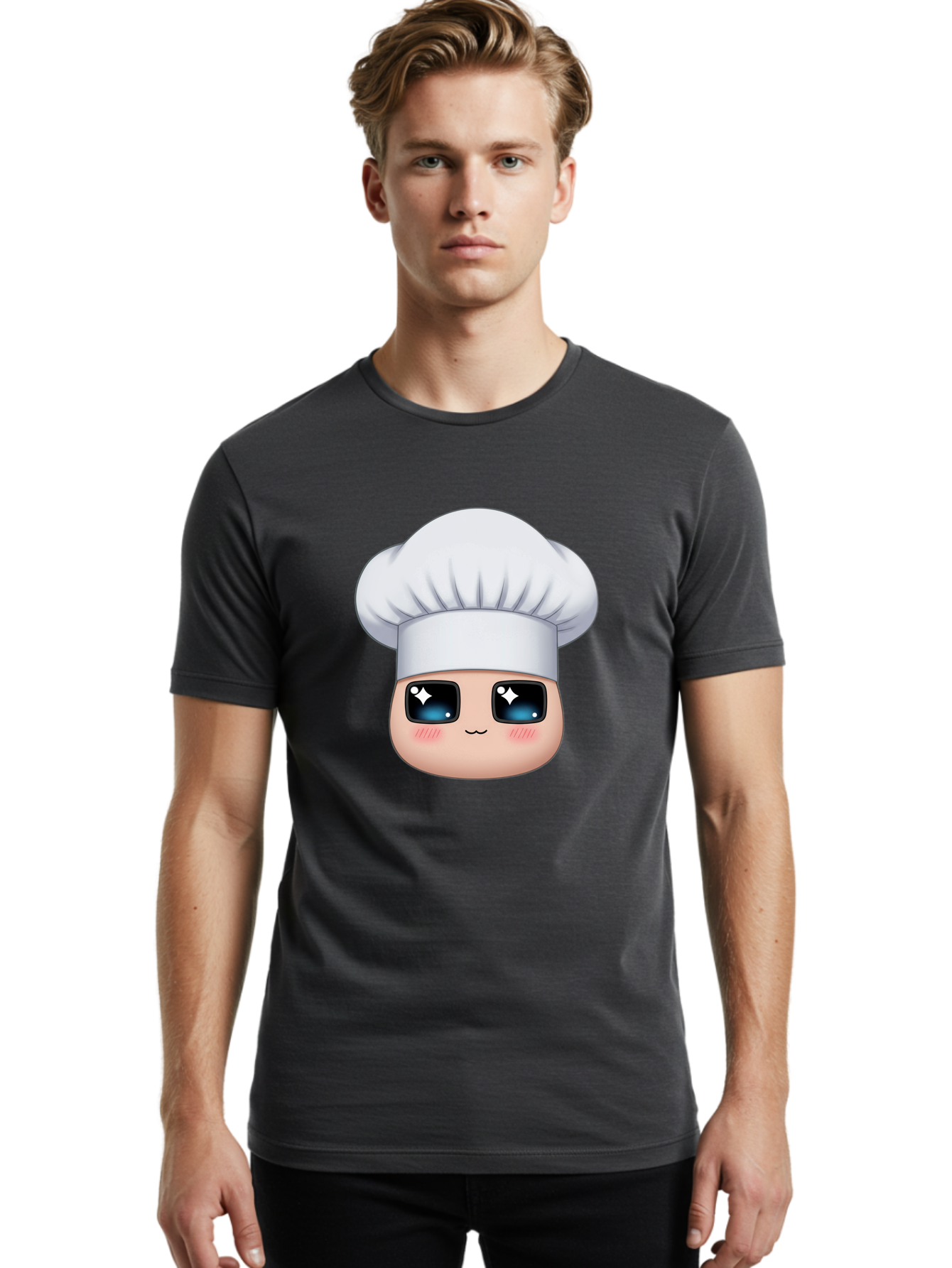 Chef-Emoji-1 Men'S Graphic Tee, 100% Cotton, Comfortable Casual Summer Wear, Machine Washable, Cartoon Chef, Cooking Emoji, Chef Hat, Cute Face, Sparkle Eyes, Rosy Cheeks, Kawaii Style, Culinary Art, Foodie, Cooking Enthusiast Bac816