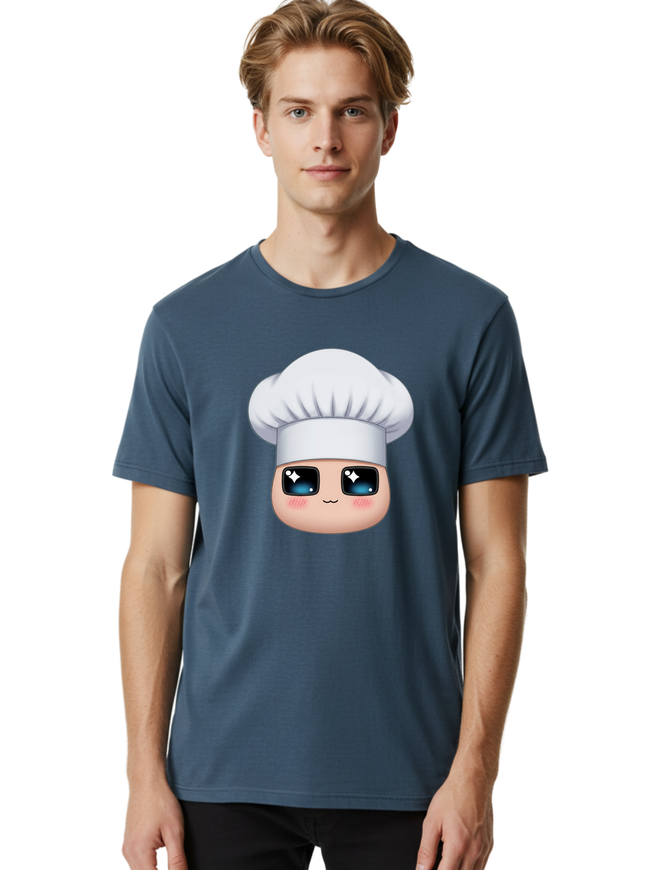 Chef-Emoji-1 Men'S Graphic Tee, 100% Cotton, Comfortable Casual Summer Wear, Machine Washable, Cartoon Chef, Cooking Emoji, Chef Hat, Cute Face, Sparkle Eyes, Rosy Cheeks, Kawaii Style, Culinary Art, Foodie, Cooking Enthusiast Bac816