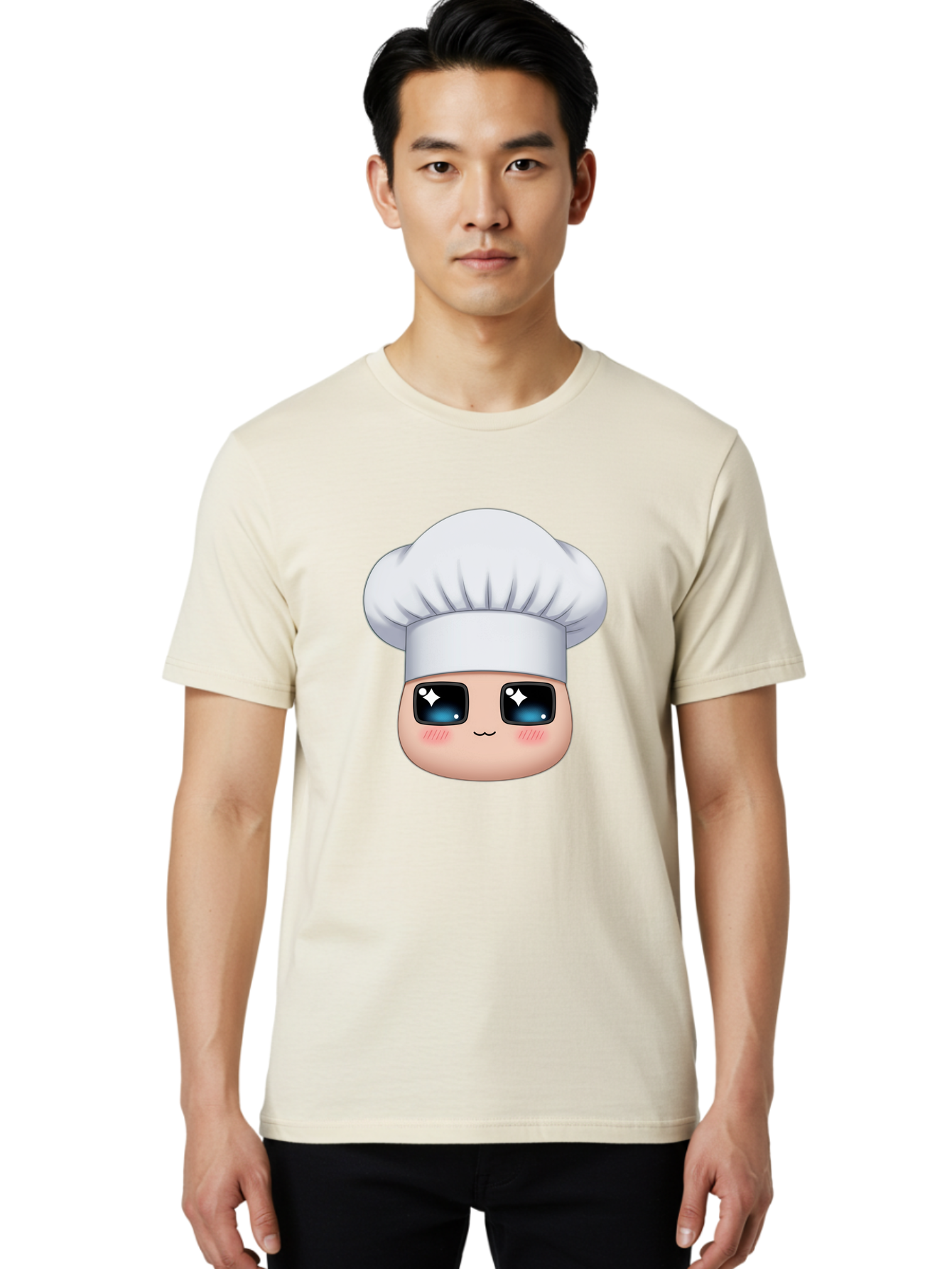 Chef-Emoji-1 Men'S Graphic Tee, 100% Cotton, Comfortable Casual Summer Wear, Machine Washable, Cartoon Chef, Cooking Emoji, Chef Hat, Cute Face, Sparkle Eyes, Rosy Cheeks, Kawaii Style, Culinary Art, Foodie, Cooking Enthusiast Bac816